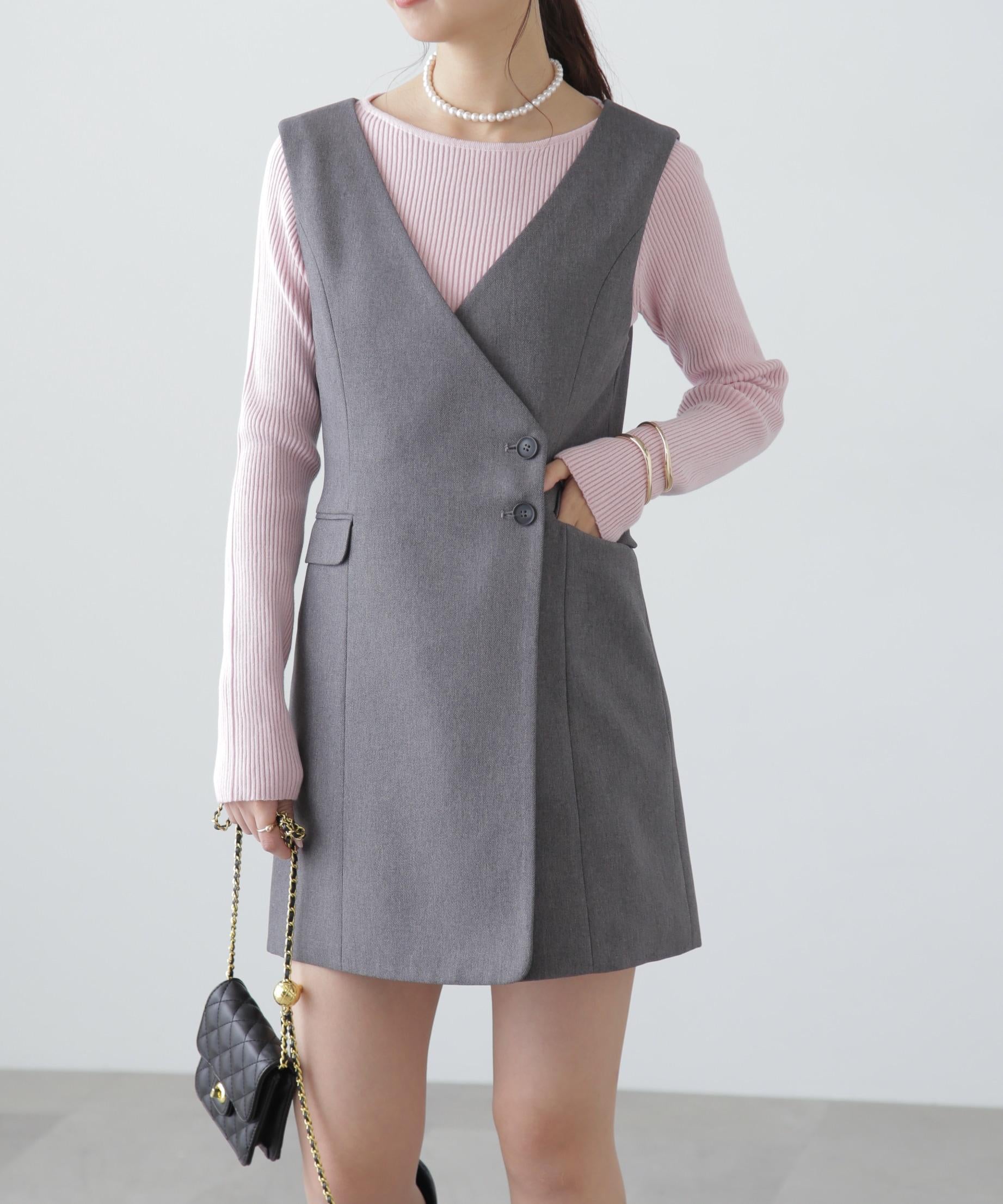 ジレ風ラップミニジャンパースカート グレー