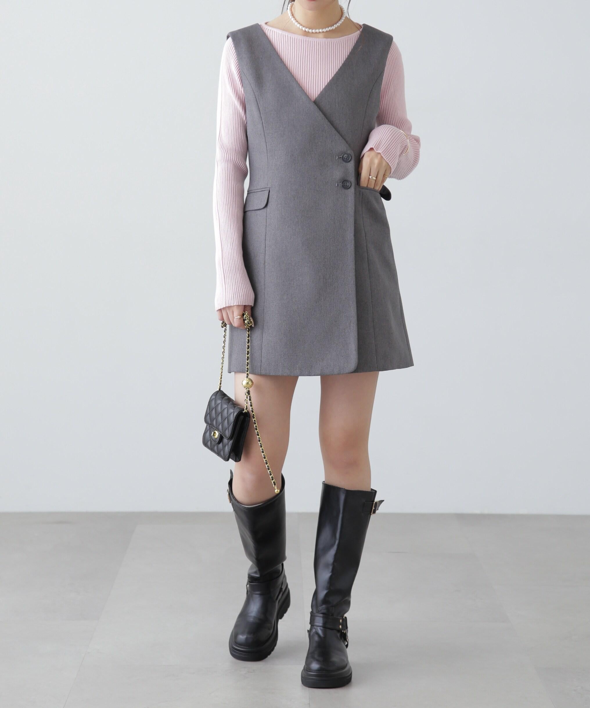 ジレ風ラップミニジャンパースカート グレー