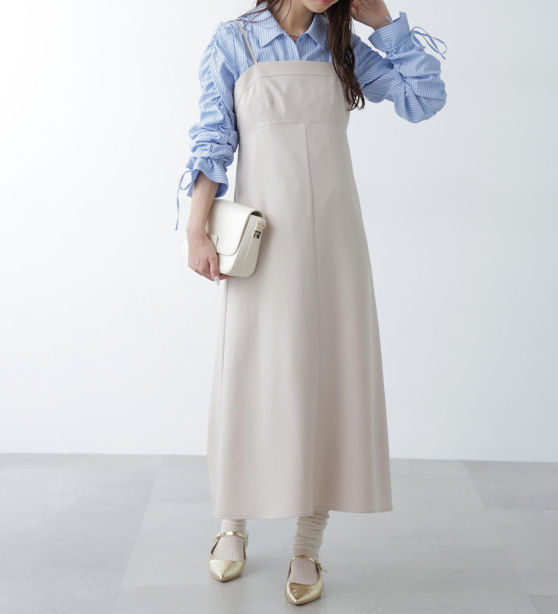 梳毛調合繊ステッチナローキャミワンピース ライトベージュ