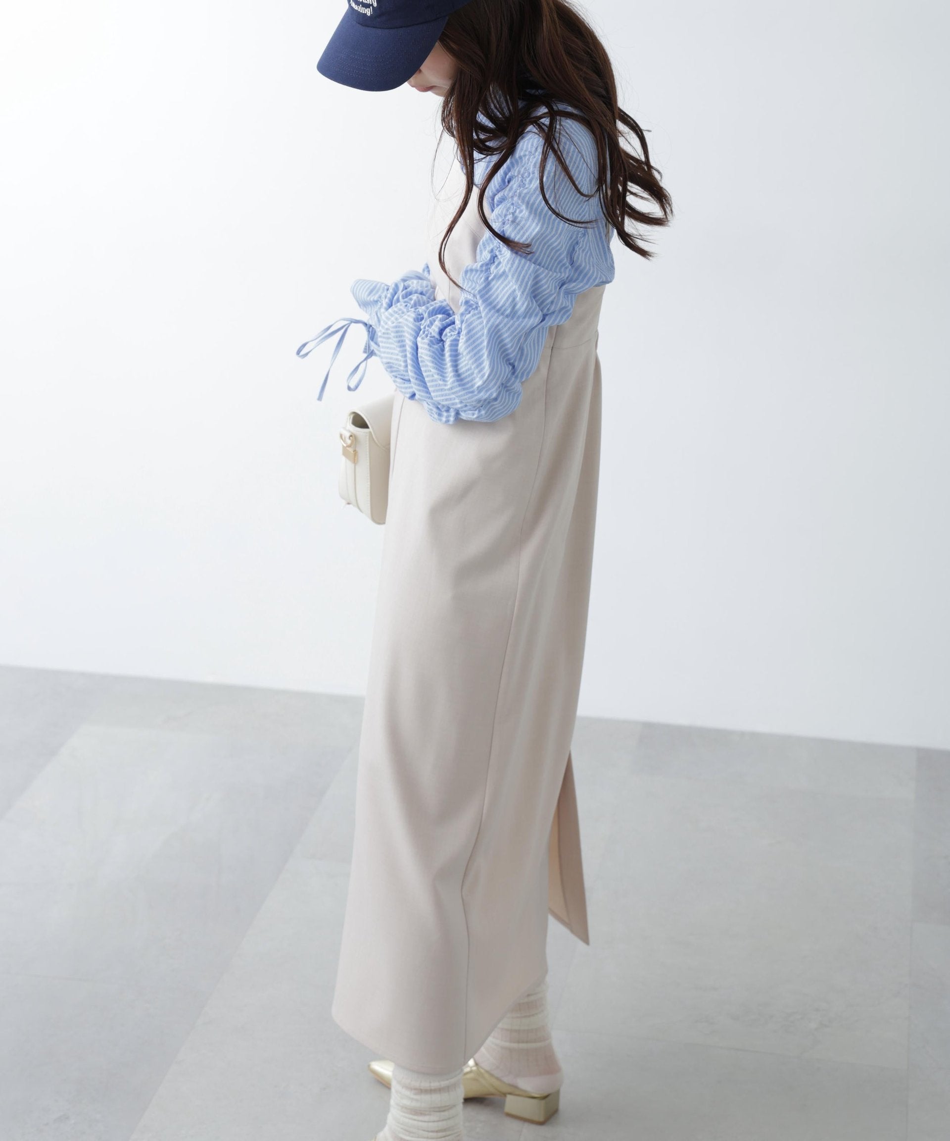 梳毛調合繊ステッチナローキャミワンピース ライトベージュ