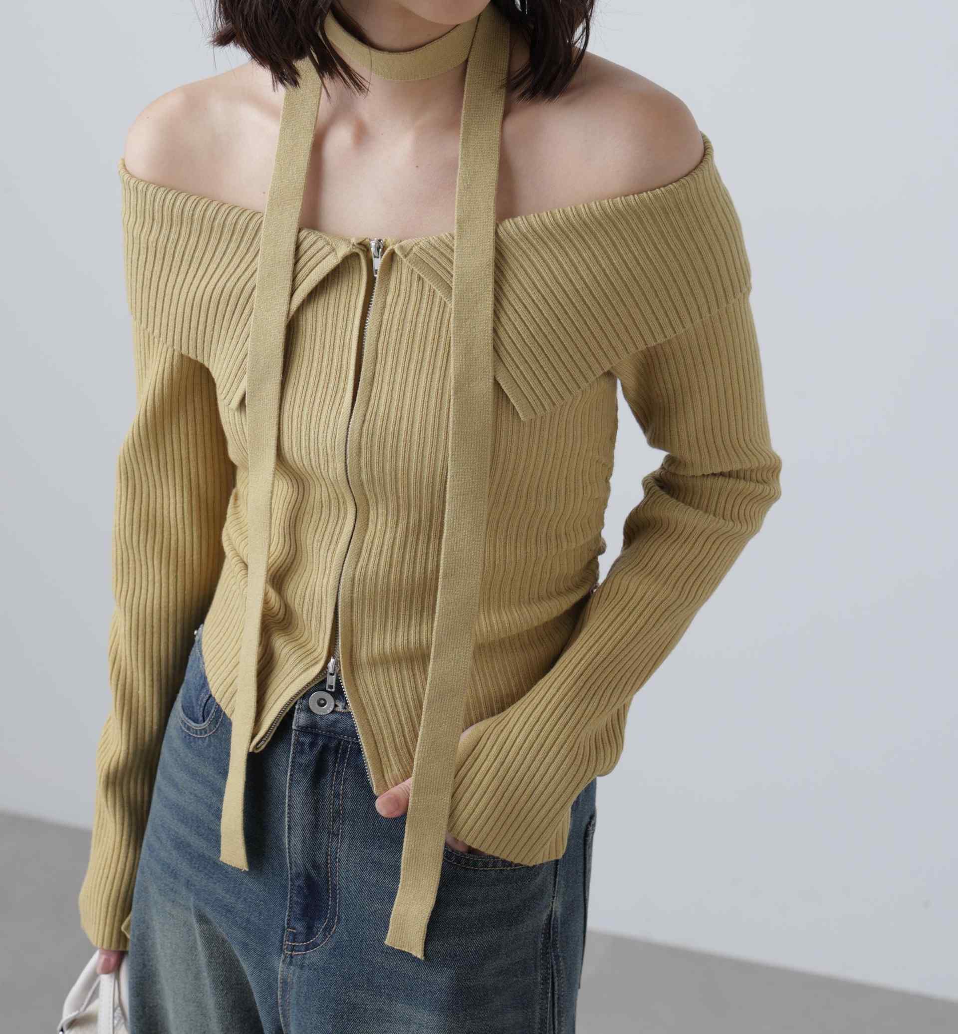 フロントジップリブ衿オフショルニット イエロー