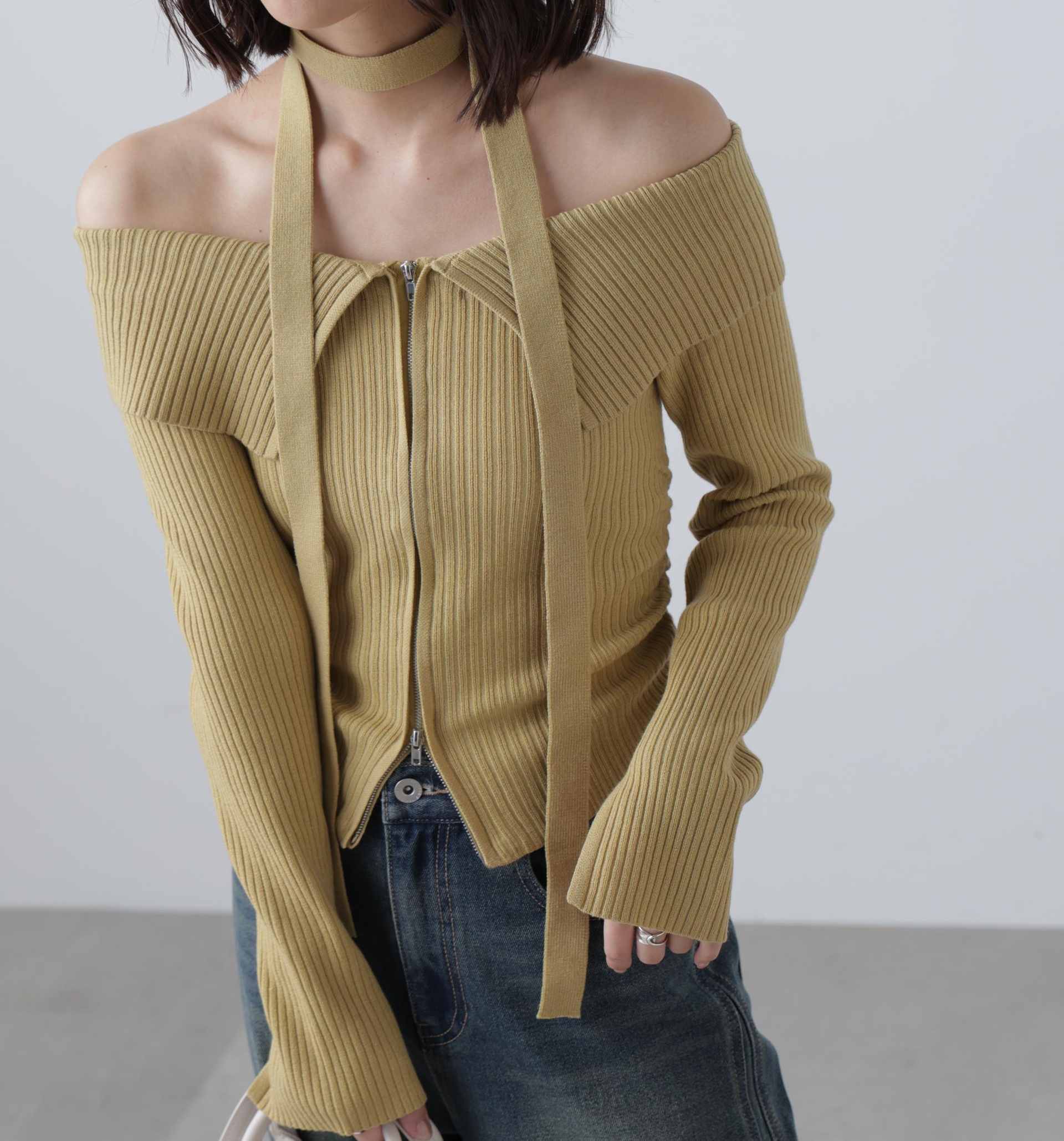 フロントジップリブ衿オフショルニット イエロー