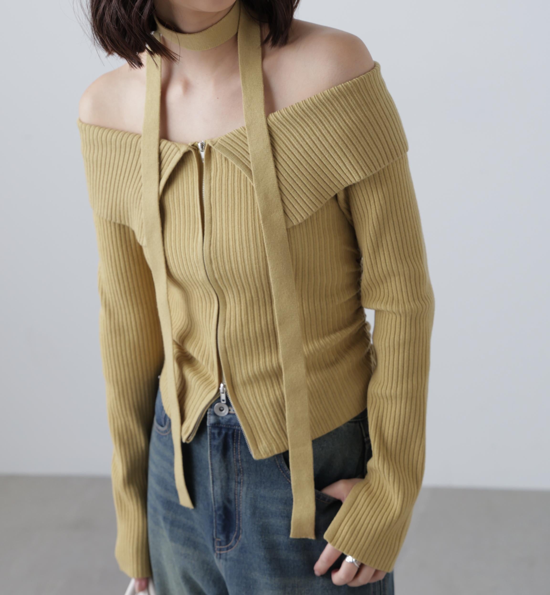 フロントジップリブ衿オフショルニット イエロー