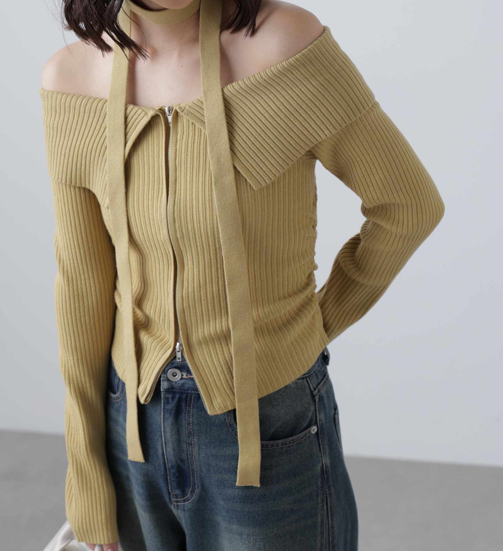 フロントジップリブ衿オフショルニット イエロー