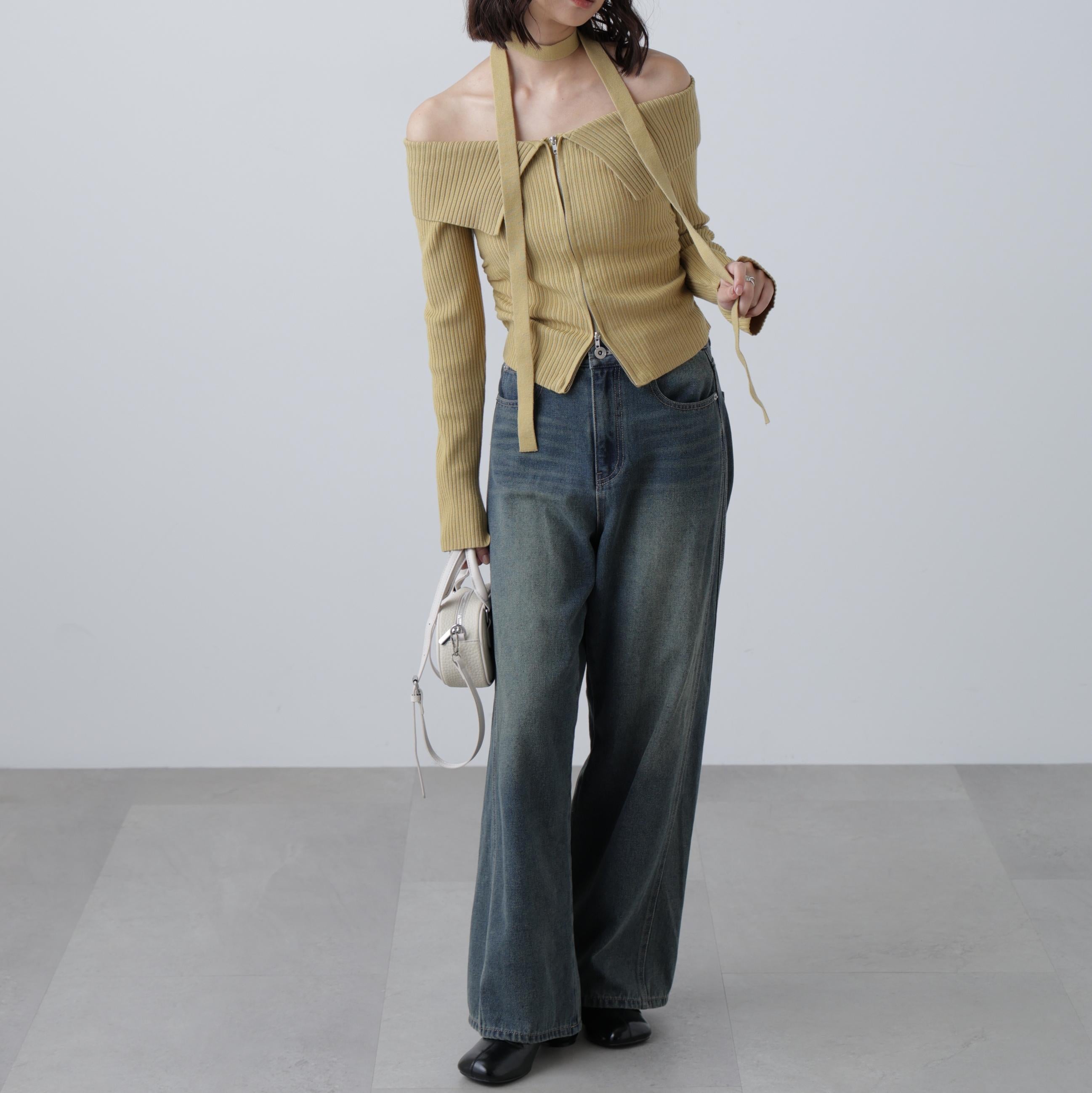 フロントジップリブ衿オフショルニット イエロー