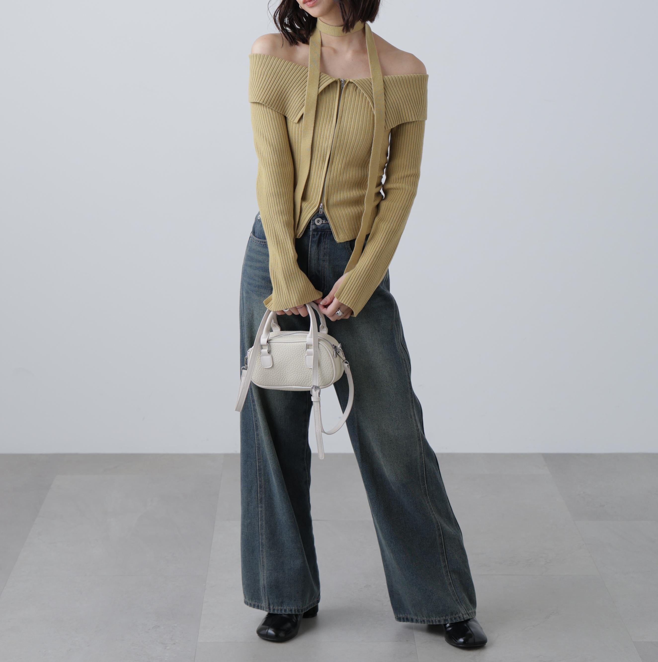 フロントジップリブ衿オフショルニット イエロー