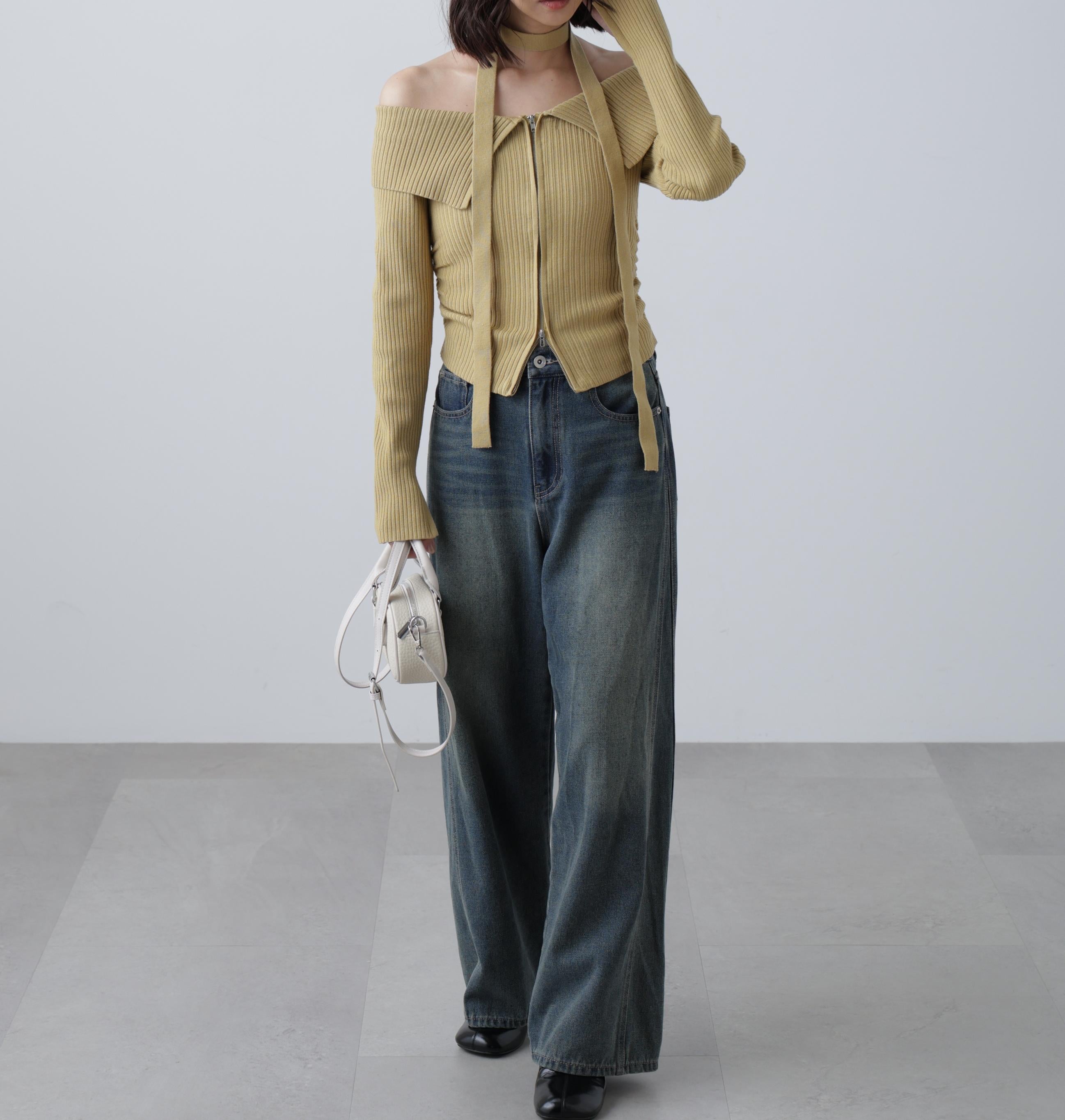 フロントジップリブ衿オフショルニット イエロー