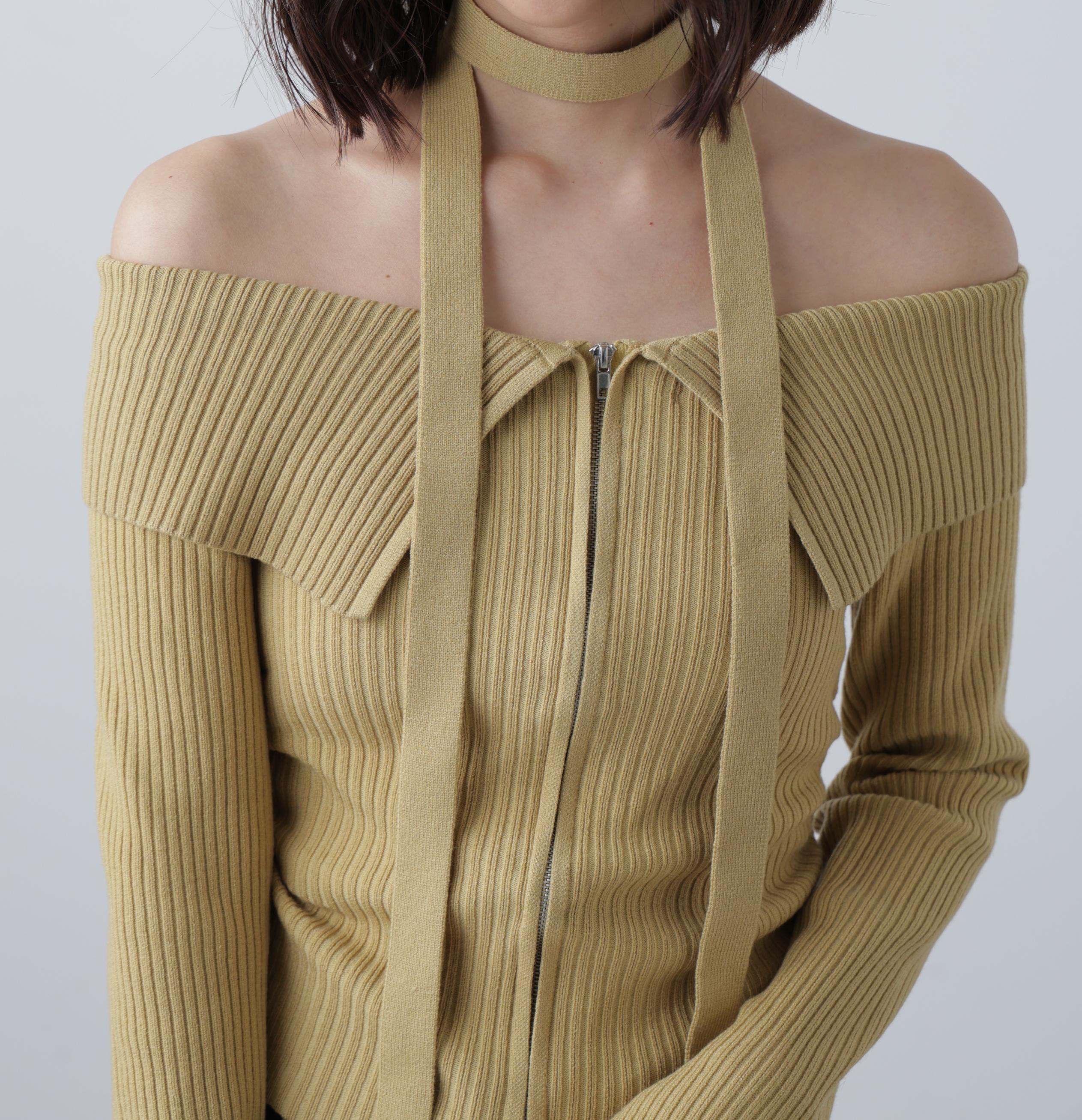 フロントジップリブ衿オフショルニット イエロー