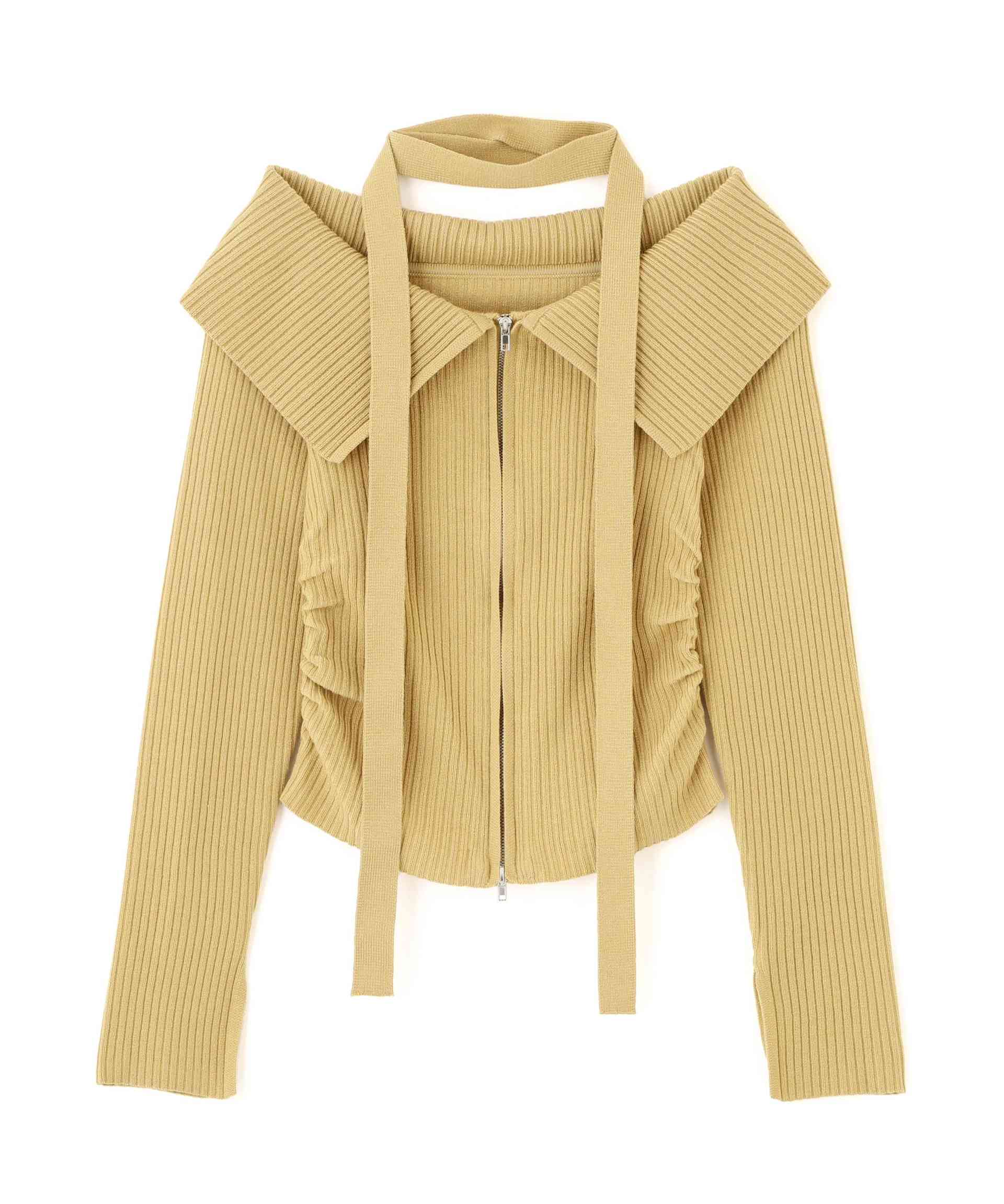 フロントジップリブ衿オフショルニット イエロー