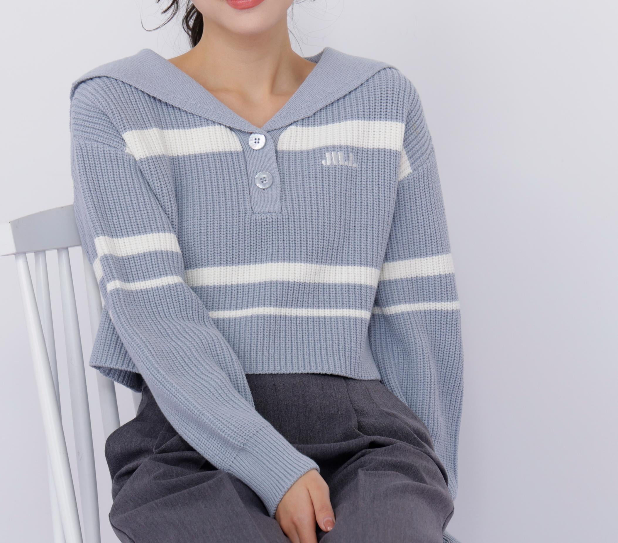 ビッグカラー畔ニット ブルーボーダー1