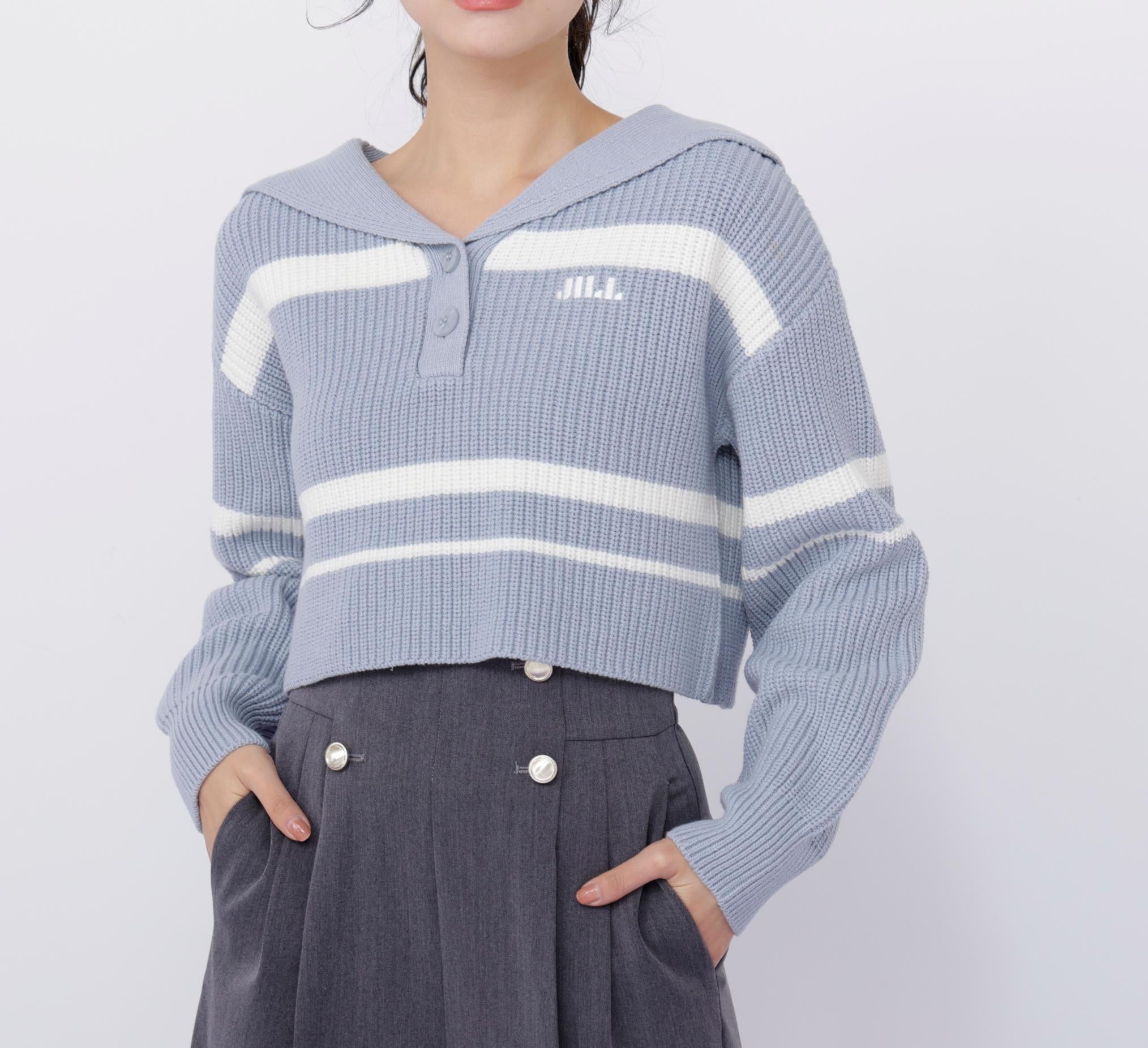 ビッグカラー畔ニット ブルーボーダー1