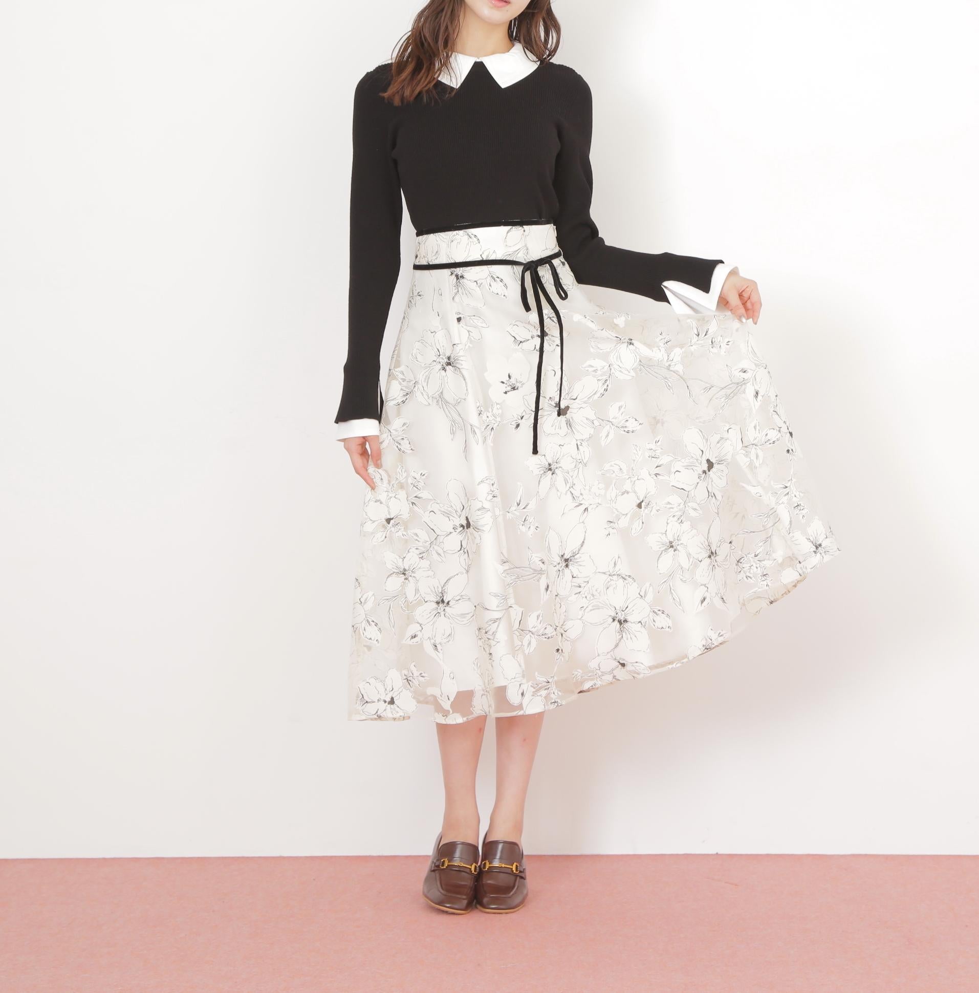 ベロアリボンオパールフラワースカート エクリュ