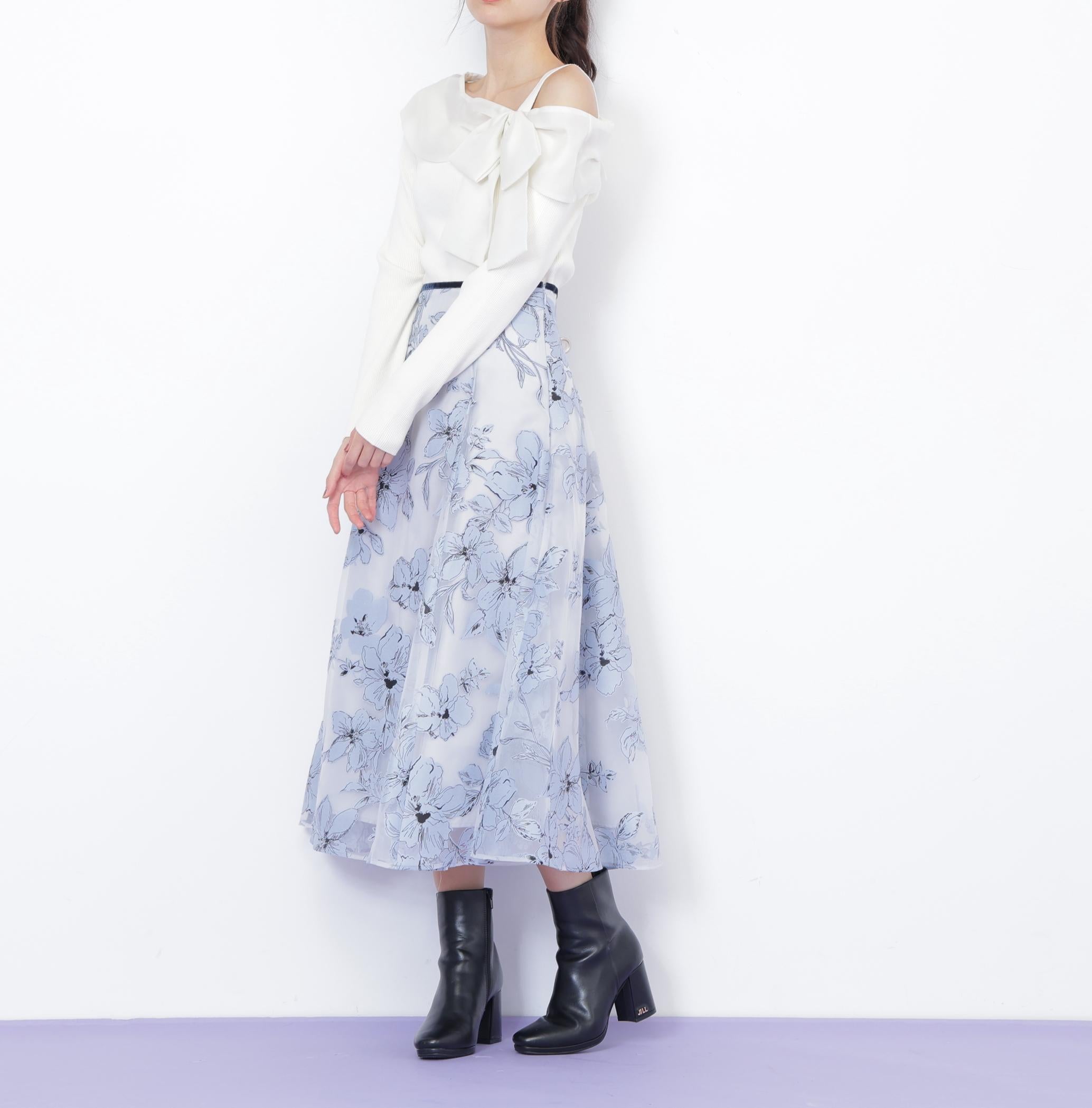 ベロアリボンオパールフラワースカート ブルー