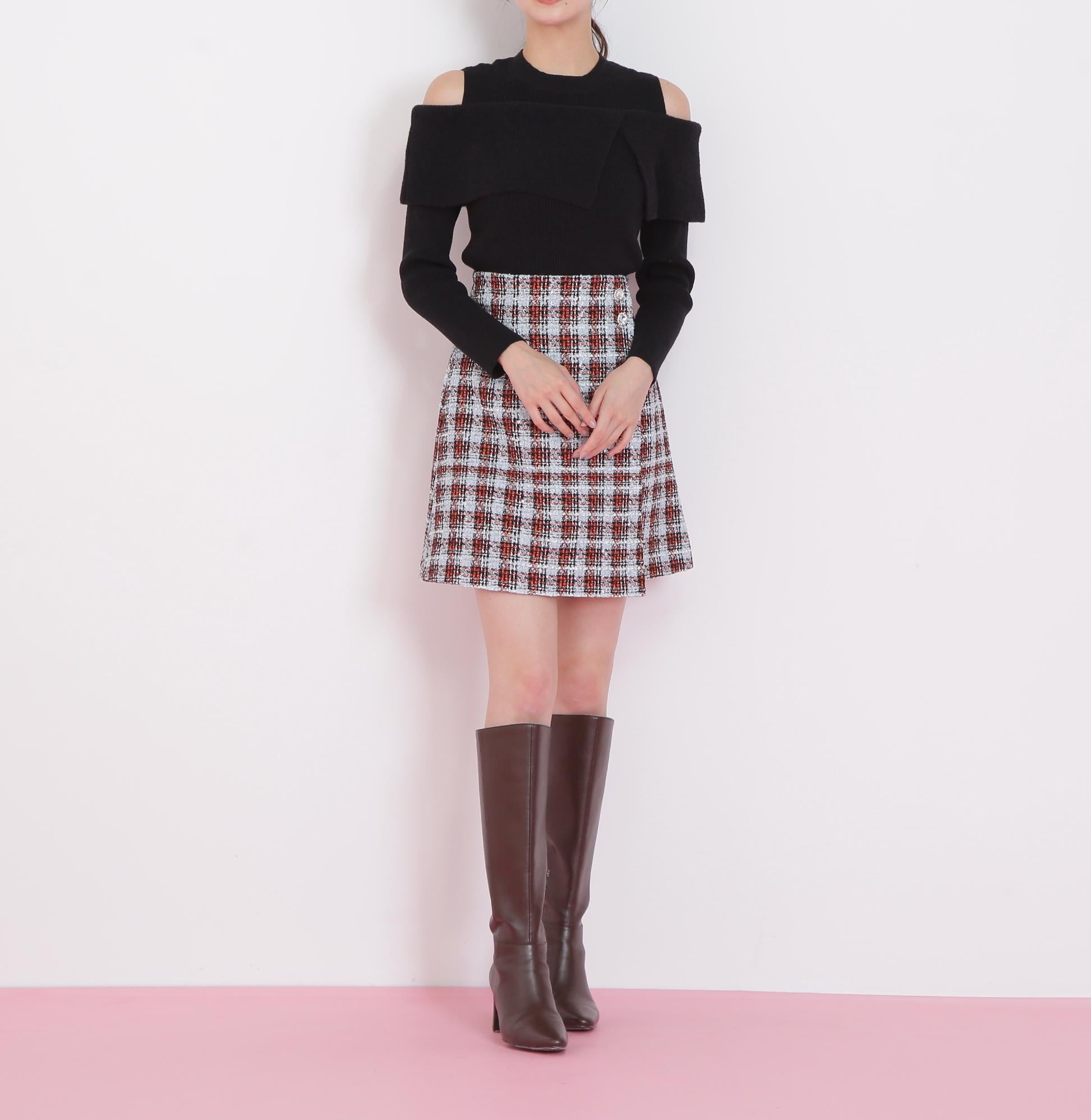 ツィードチェックビジュー釦ミニスカート ブルー1