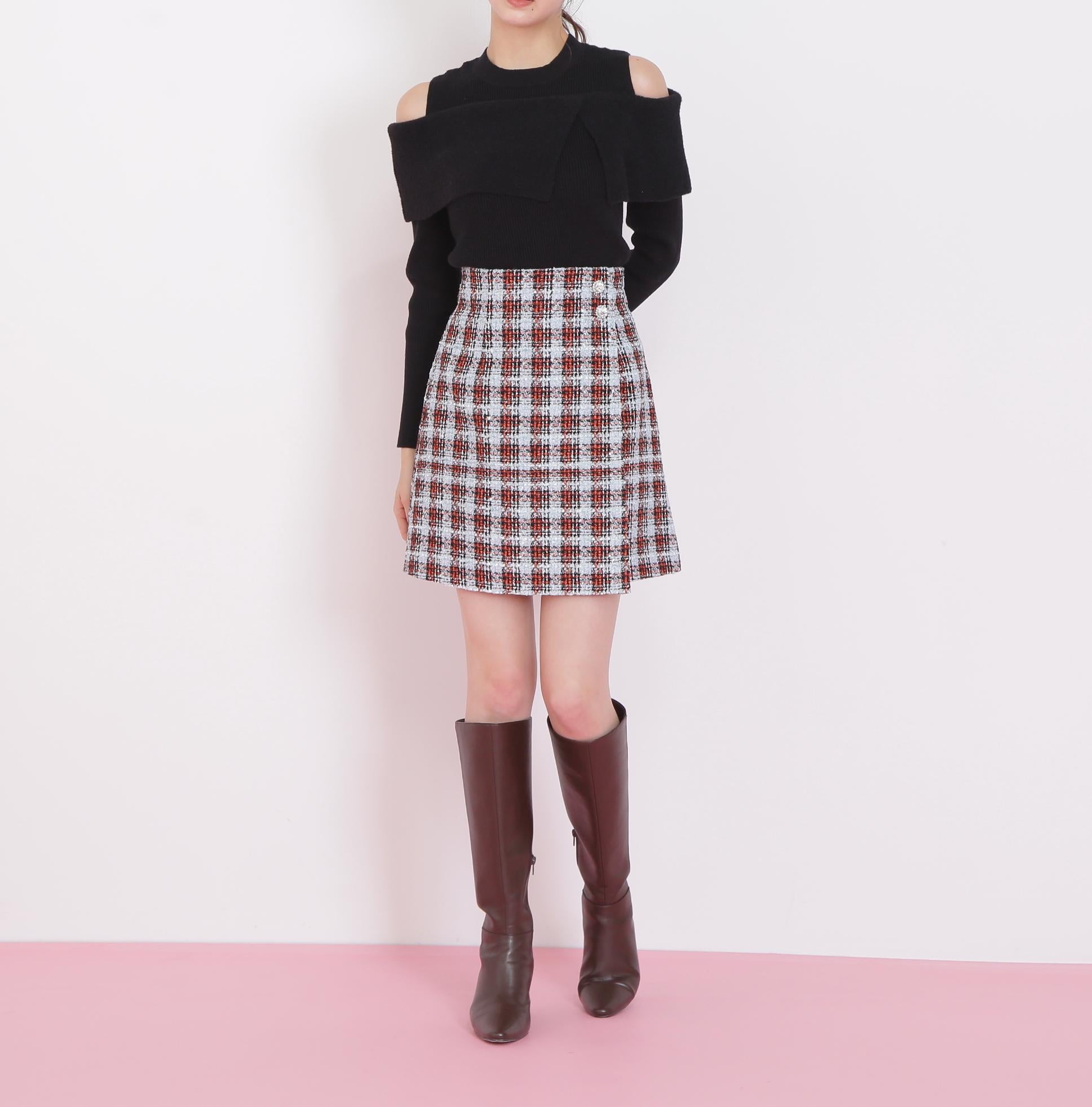 ツィードチェックビジュー釦ミニスカート ブルー1