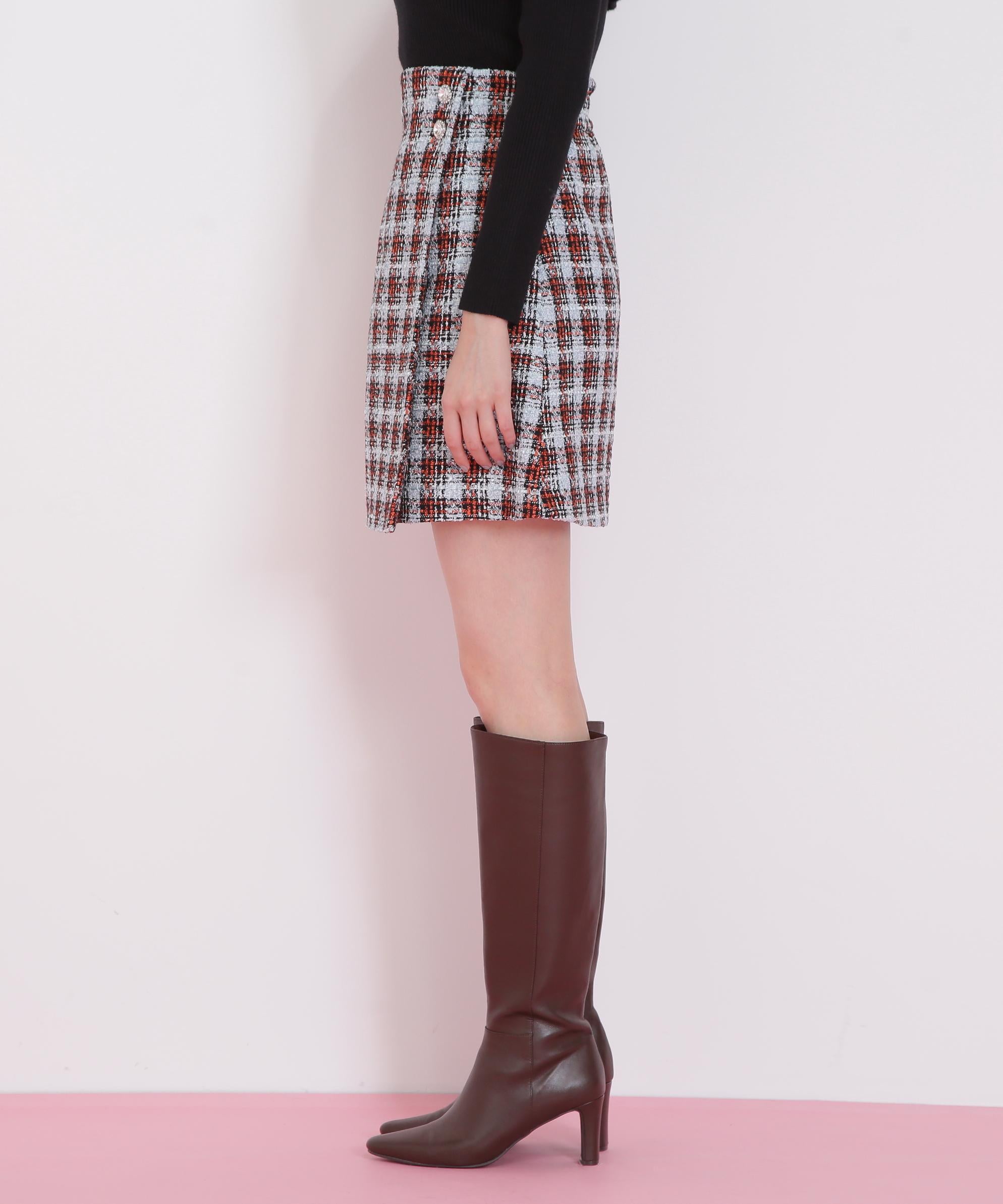 ツィードチェックビジュー釦ミニスカート ブルー1