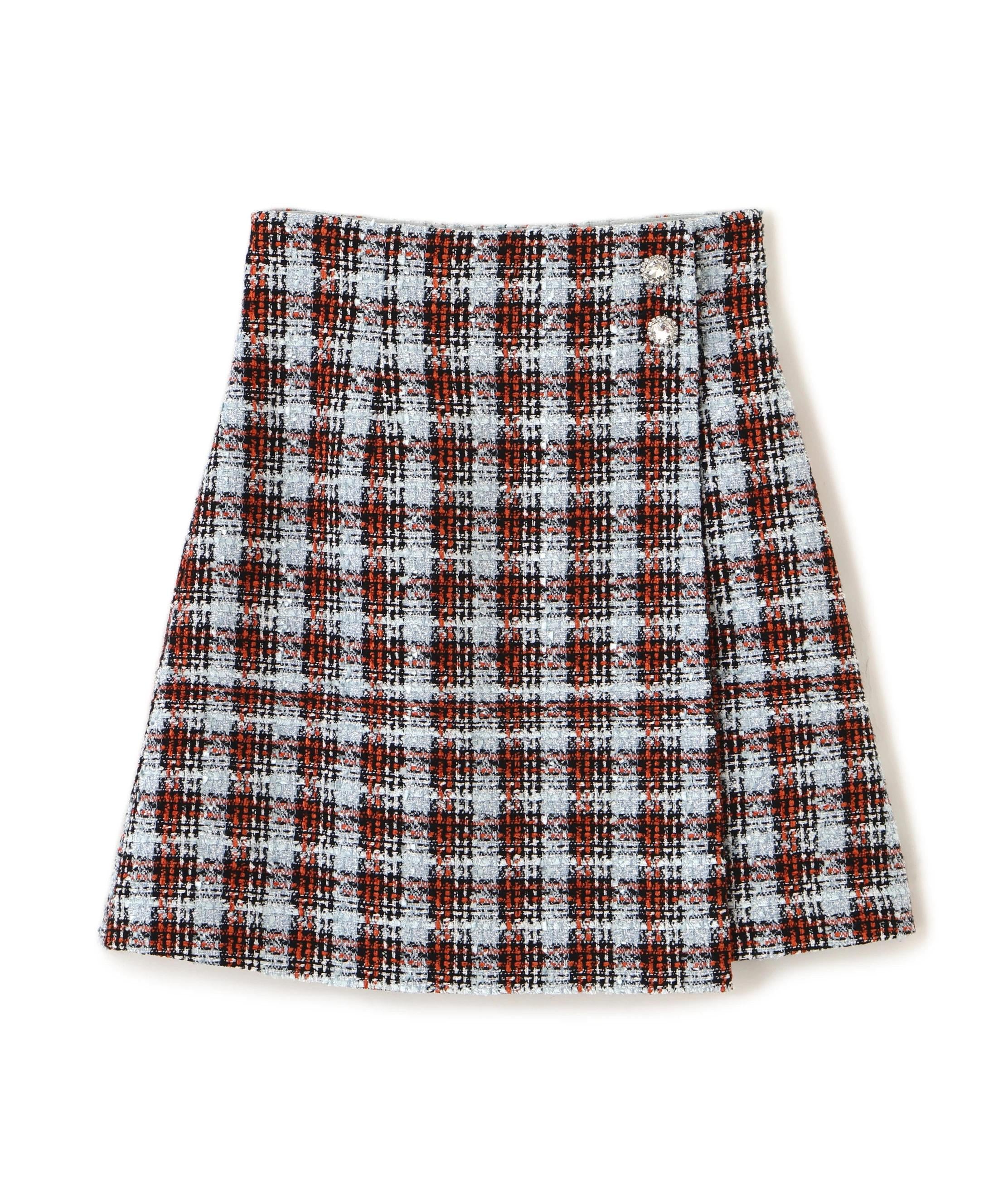 ツィードチェックビジュー釦ミニスカート ブルー1