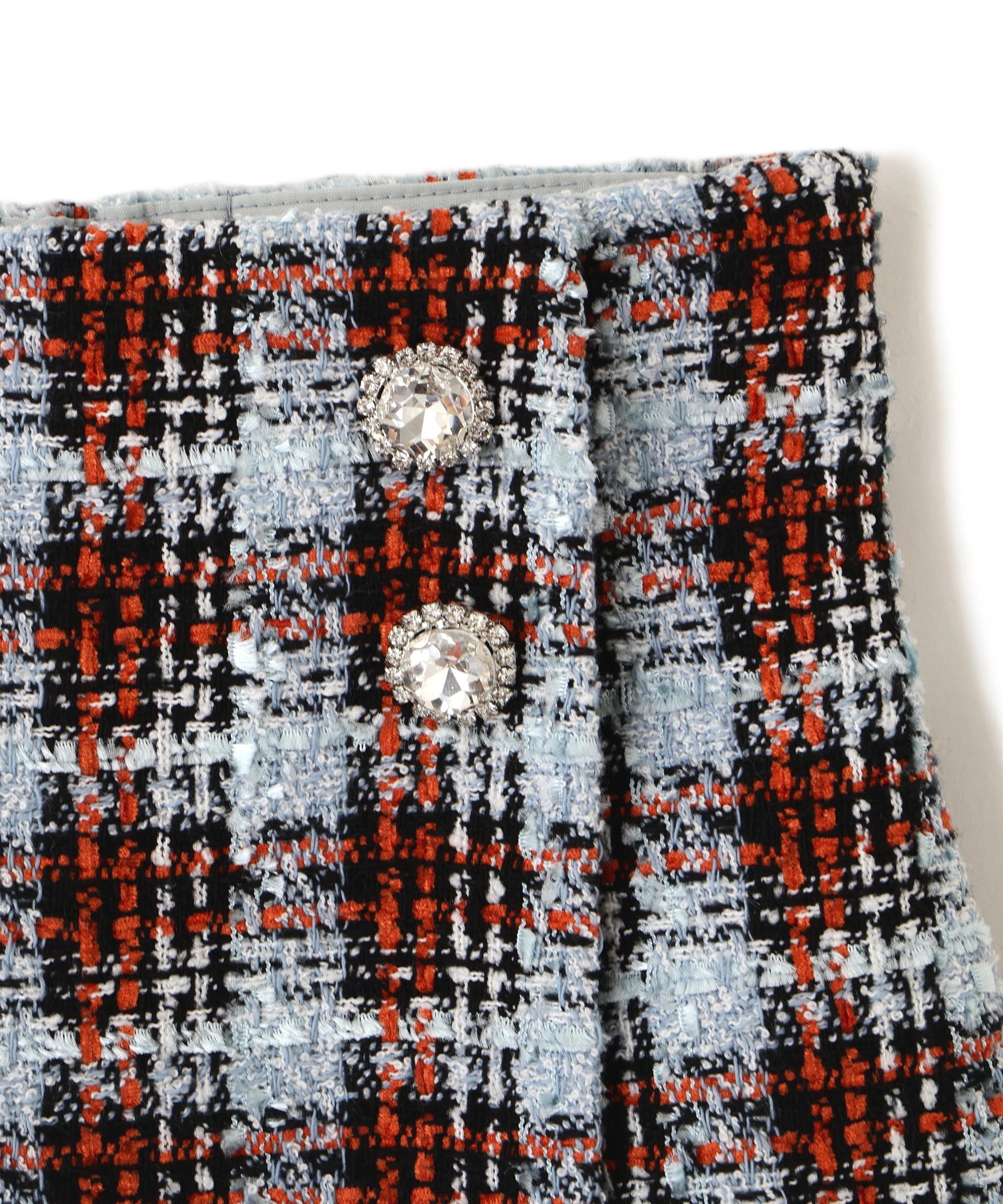 ツィードチェックビジュー釦ミニスカート ブルー1