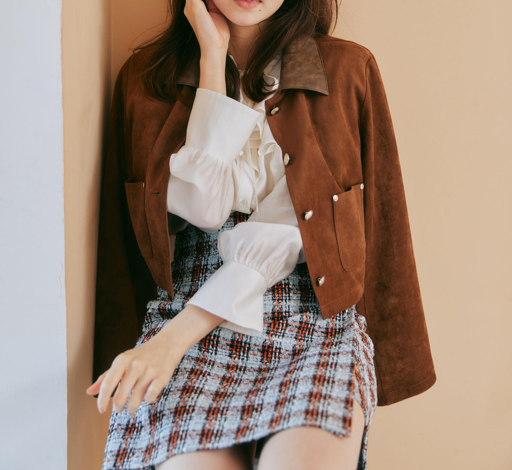 ツィードチェックビジュー釦ミニスカート ブルー1