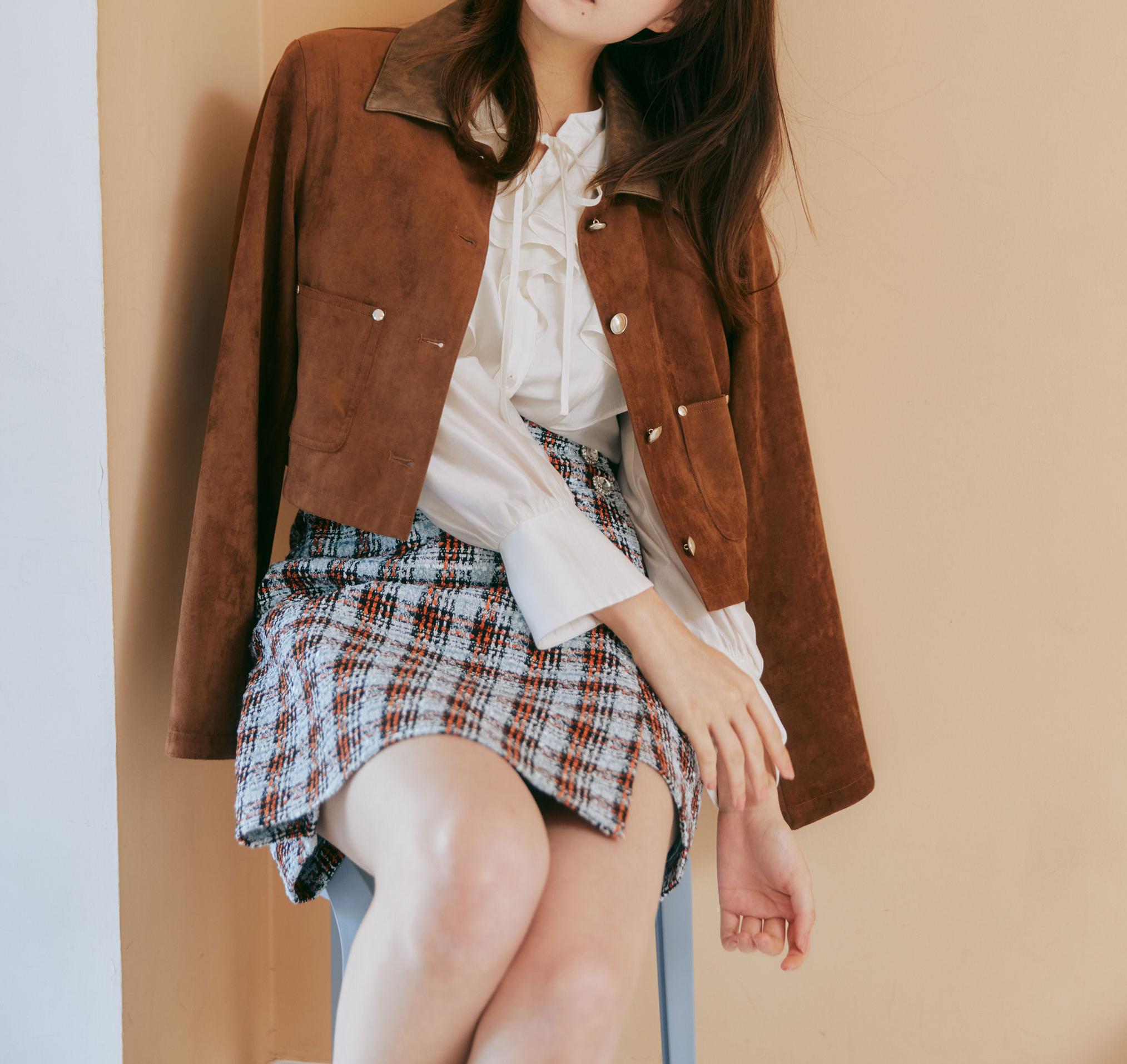 ツィードチェックビジュー釦ミニスカート ブルー1