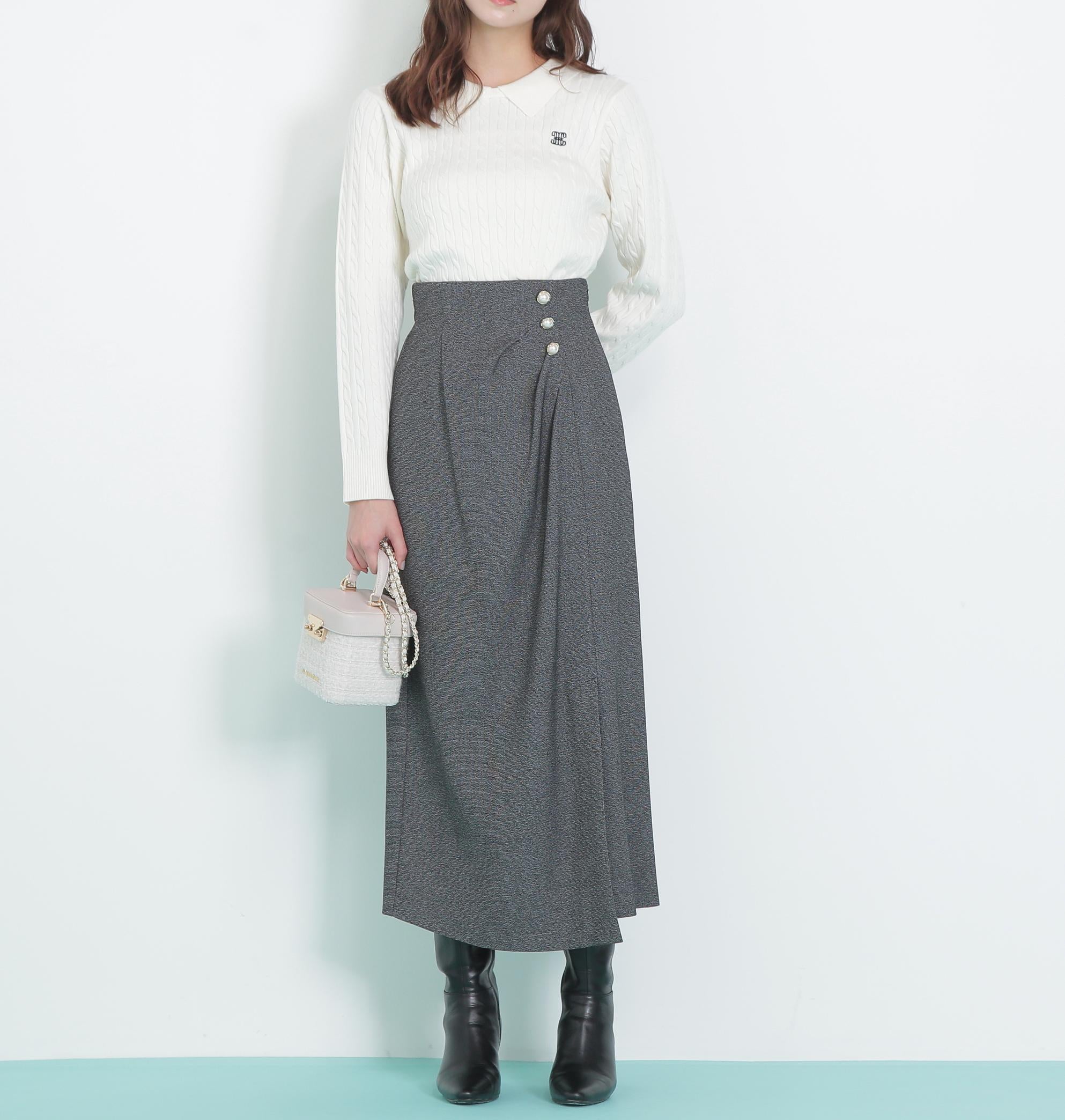 パール釦ラップタイトスカート ブラックミックス1