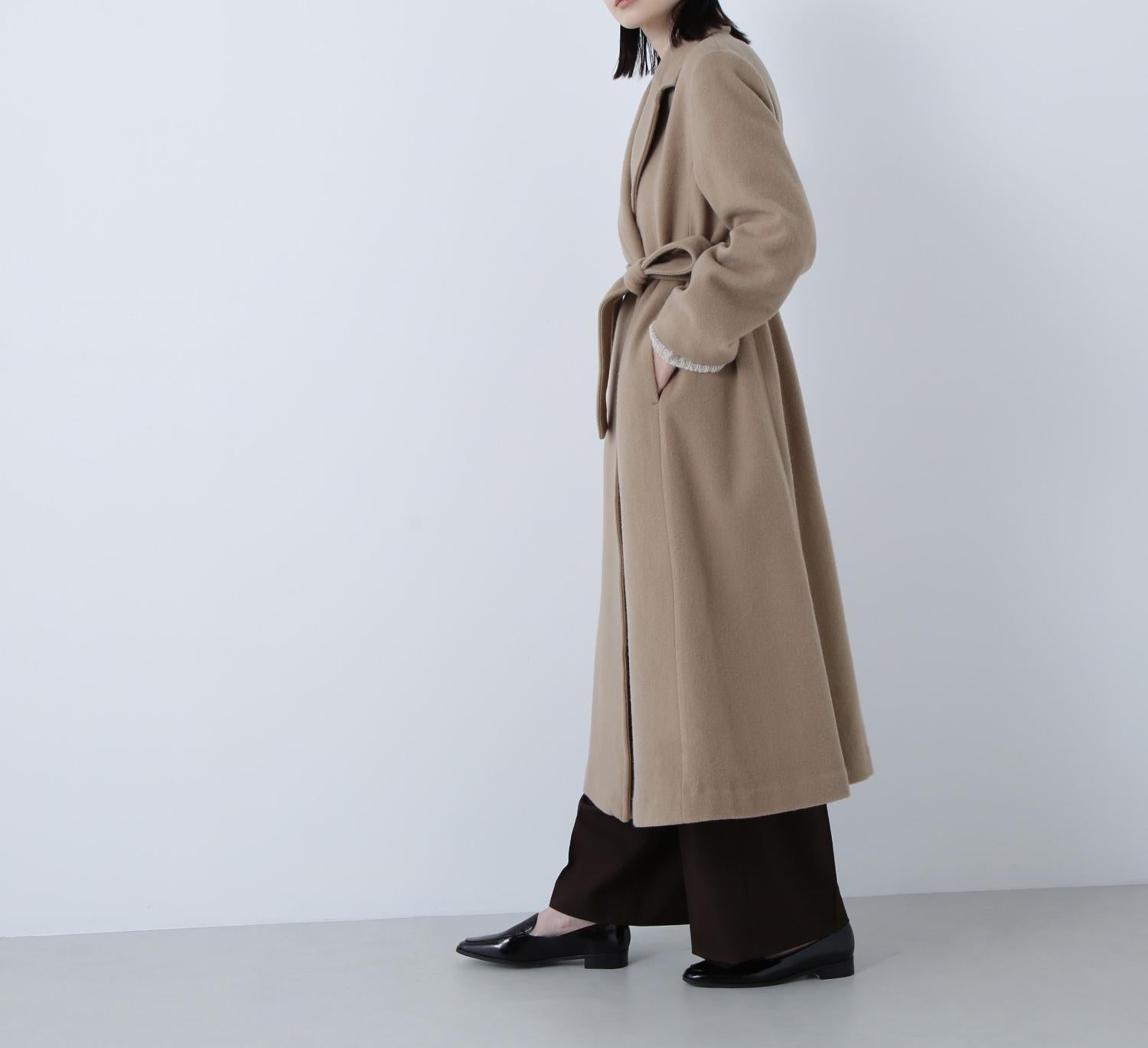 テーラーベルテッドロングコート ソフトキャメル1