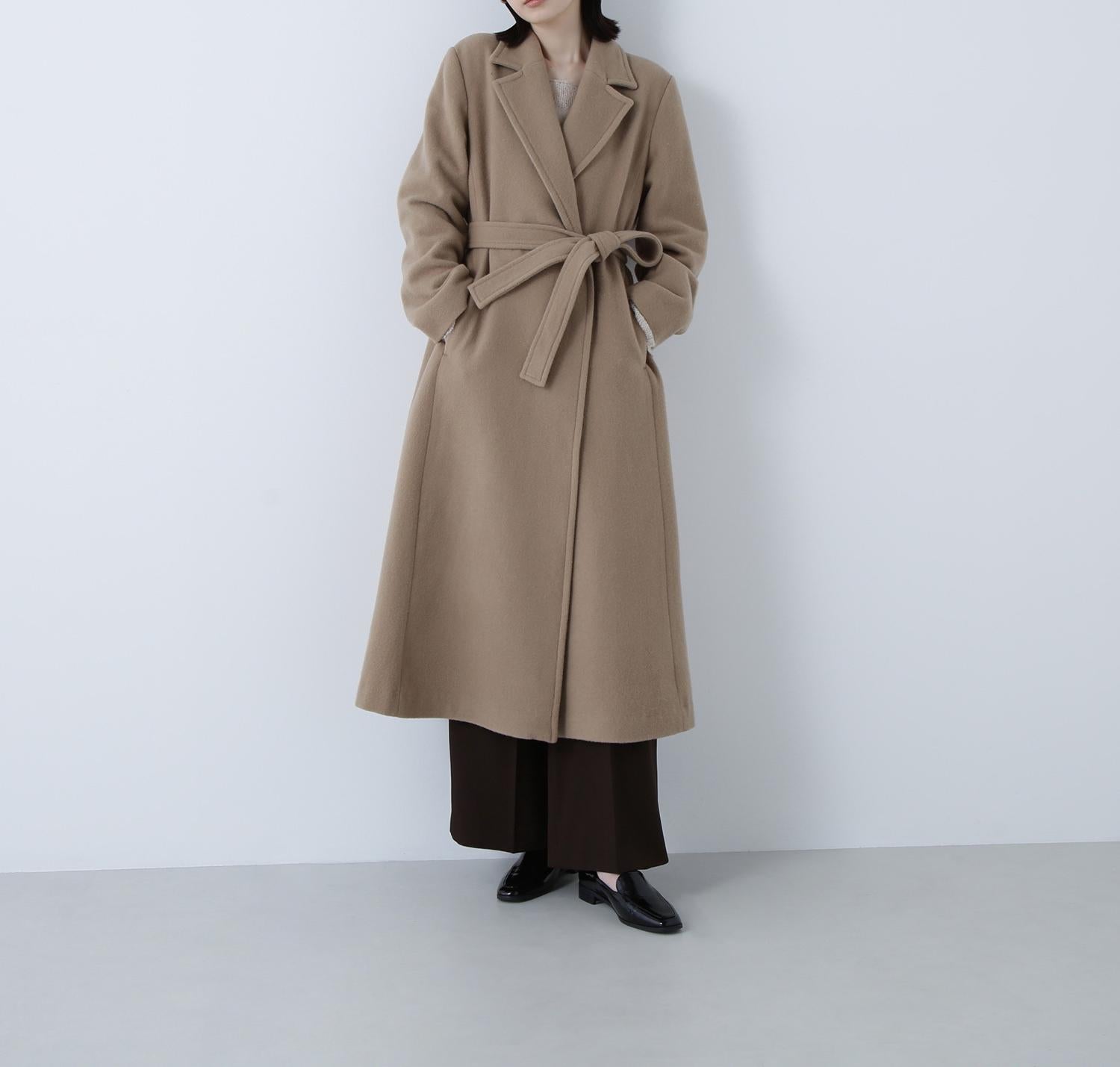 テーラーベルテッドロングコート ソフトキャメル1