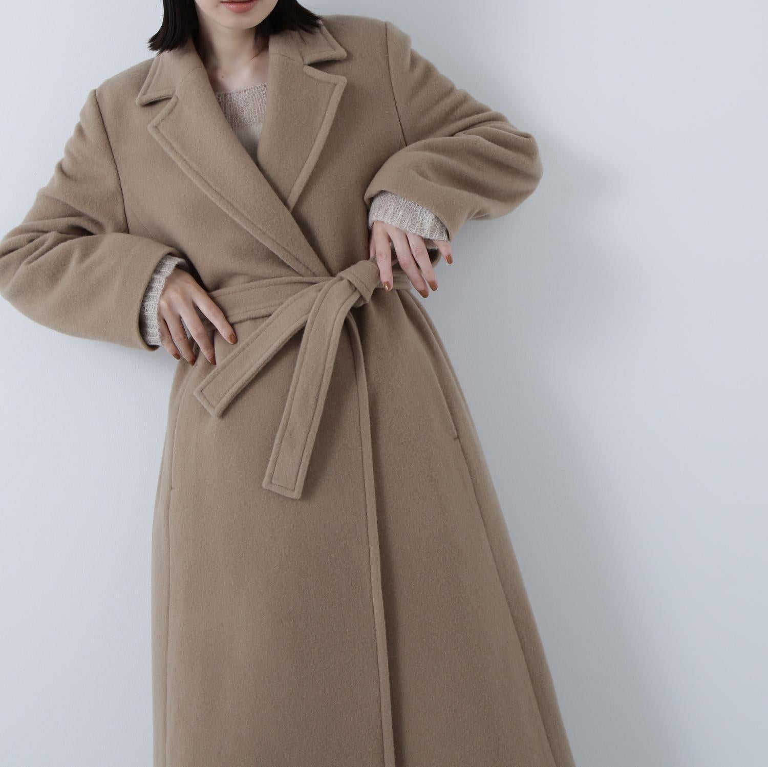 テーラーベルテッドロングコート ソフトキャメル1