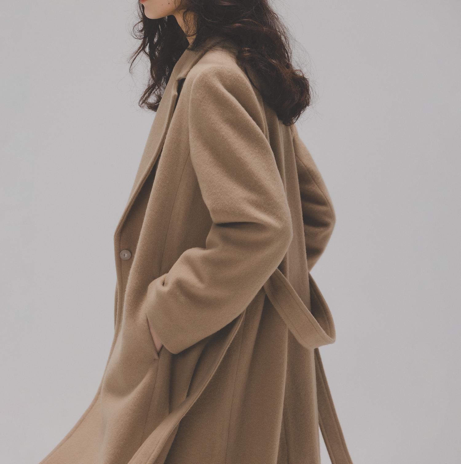 テーラーベルテッドロングコート ソフトキャメル1