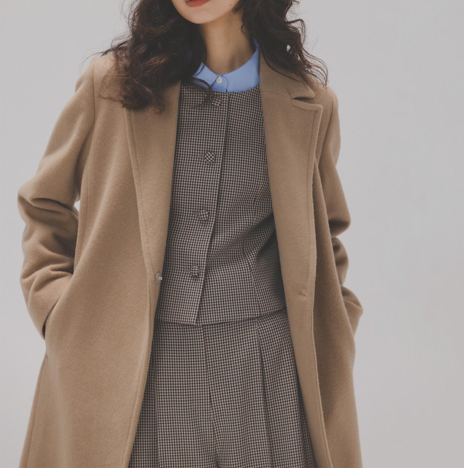 テーラーベルテッドロングコート ソフトキャメル1