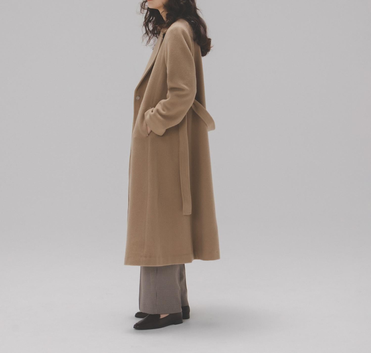 テーラーベルテッドロングコート ソフトキャメル1