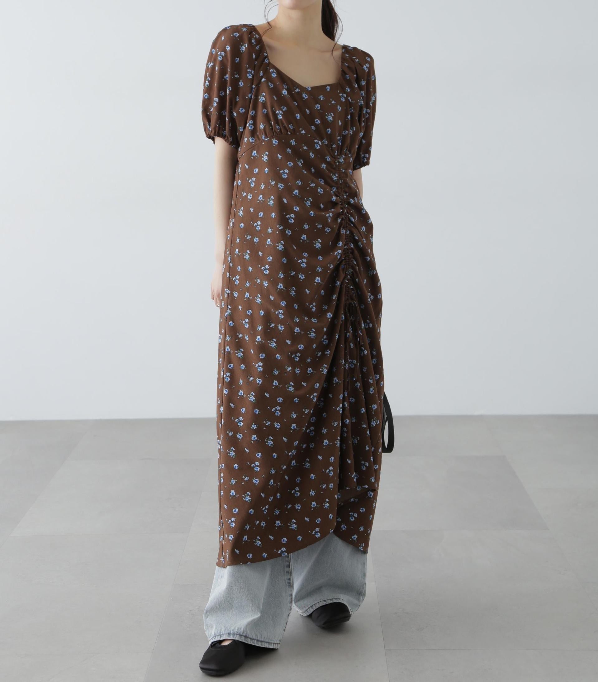 フラワープリントパフスリーブワンピース ブラウン