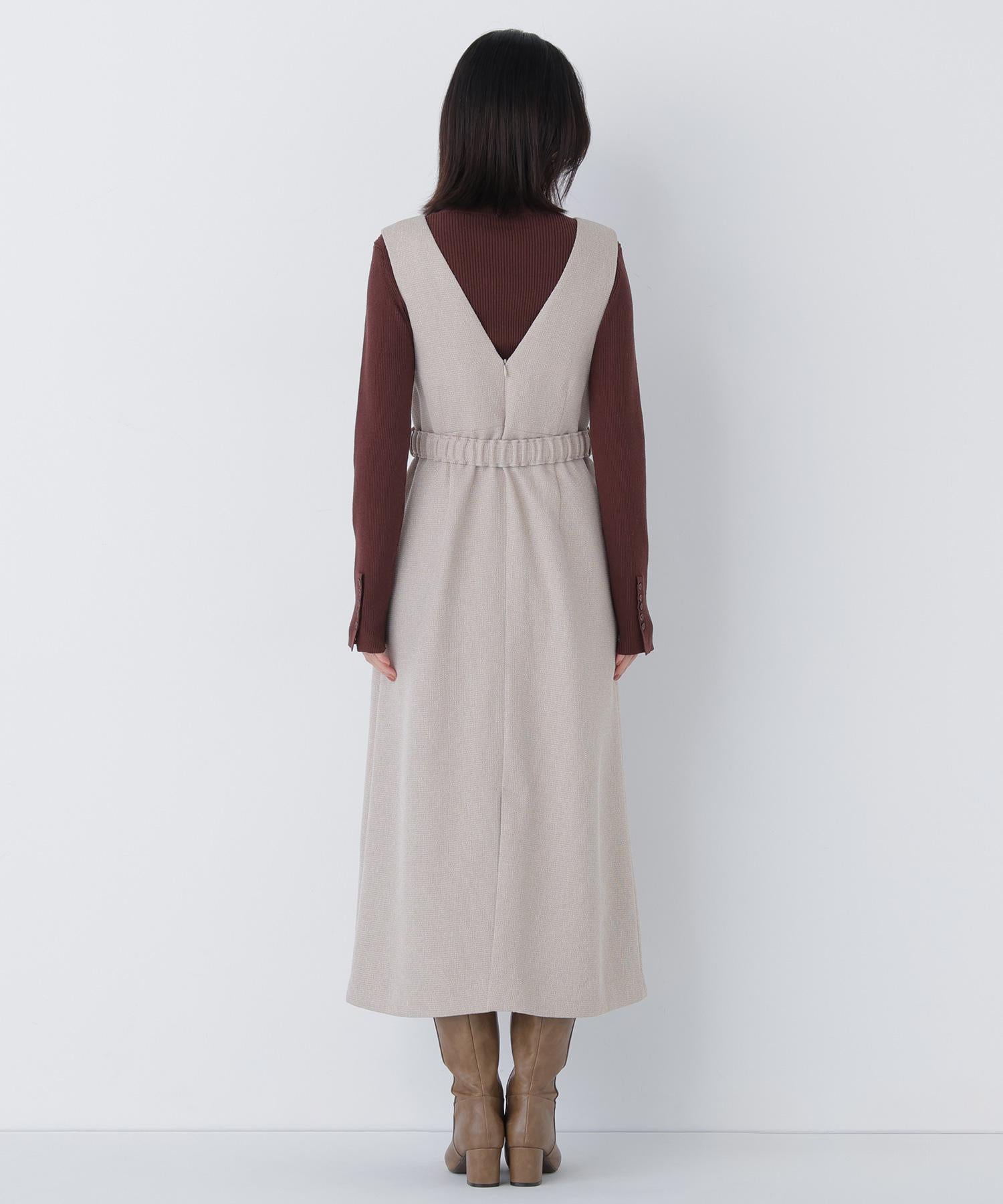 ベルト付Vネックジャンスカ ベージュベース2