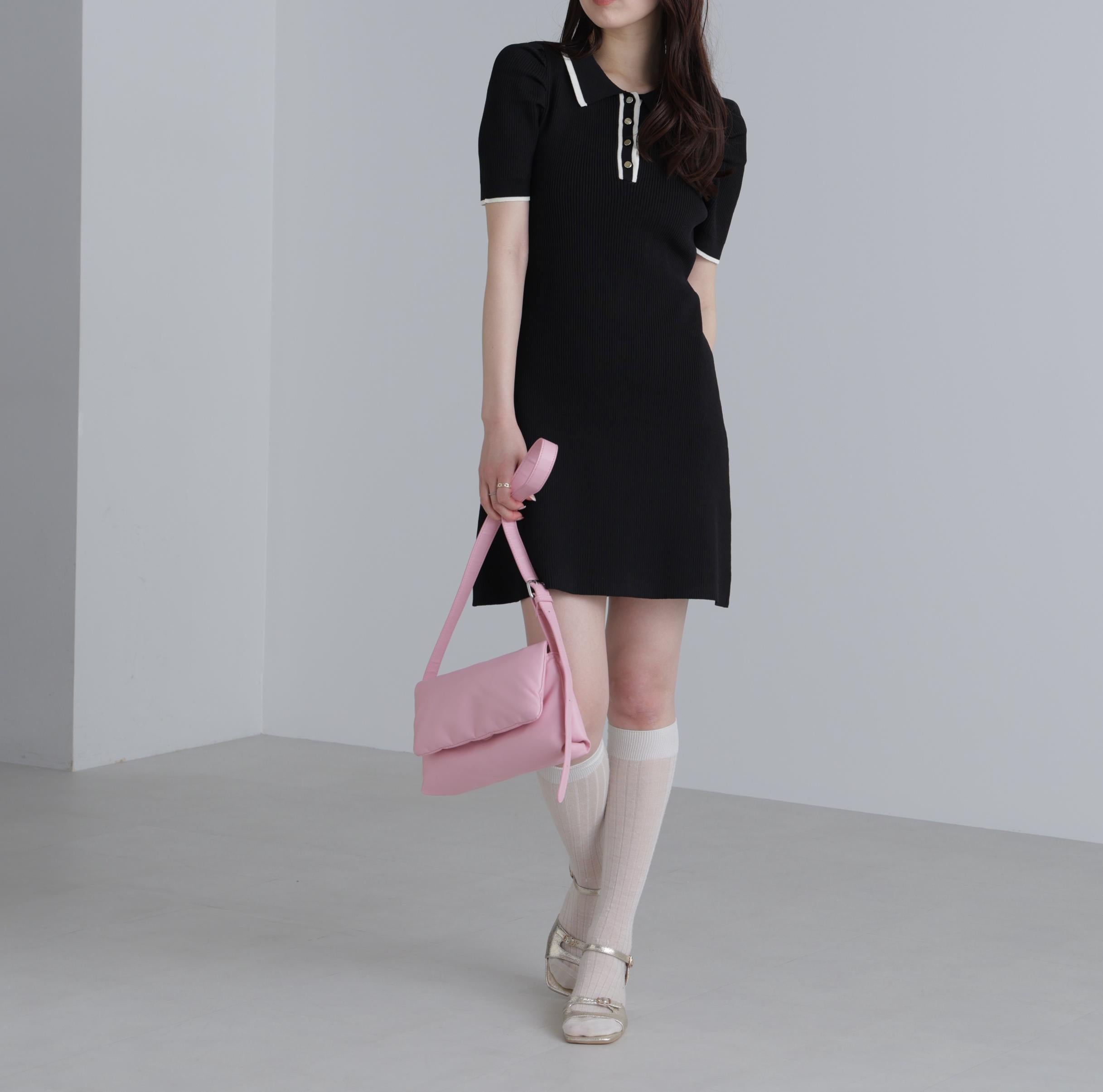 配色ラインポロニットワンピース ブラック