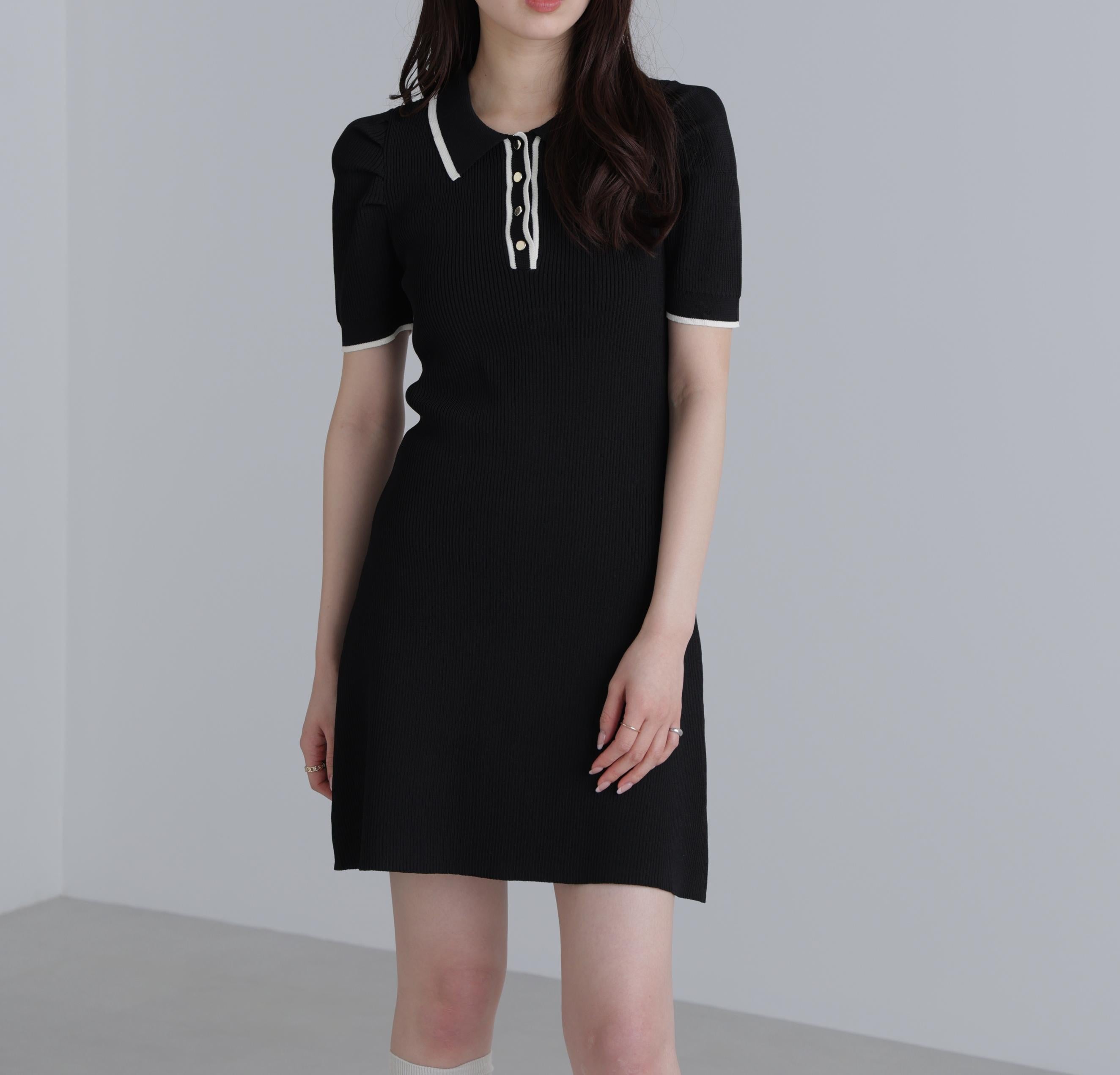 配色ラインポロニットワンピース ブラック