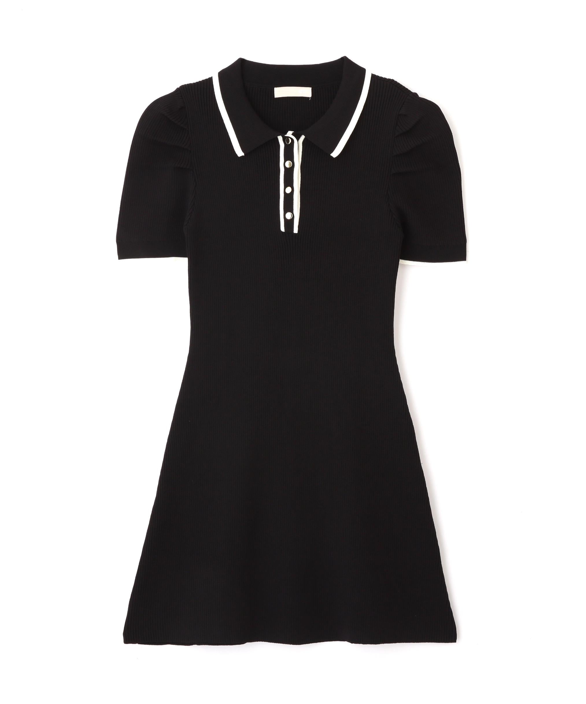 配色ラインポロニットワンピース ブラック