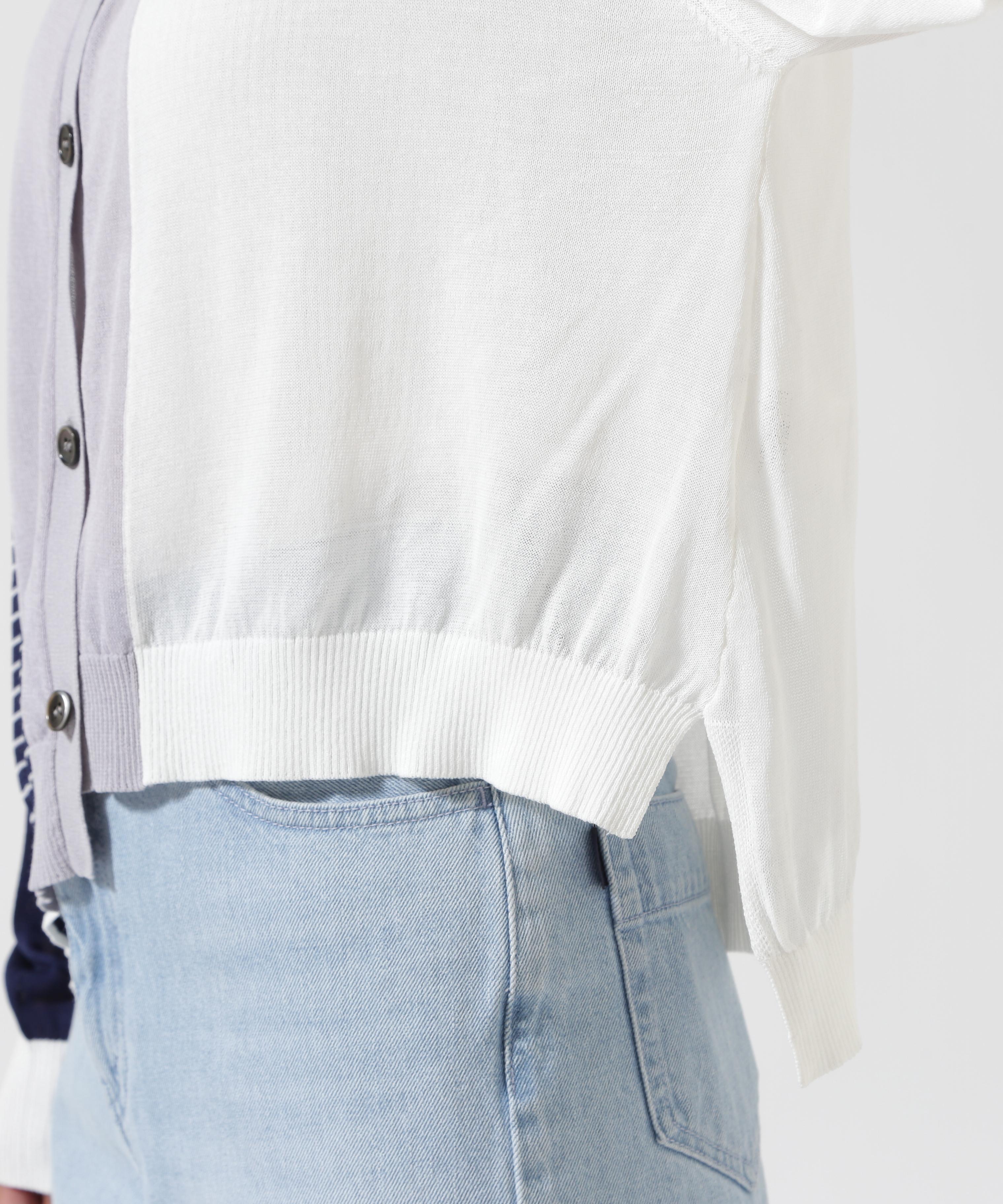 AULA AILA/アウラアイラ/別注 COLOR BLOCK SHEER KNIT CARDIGAN サックス1