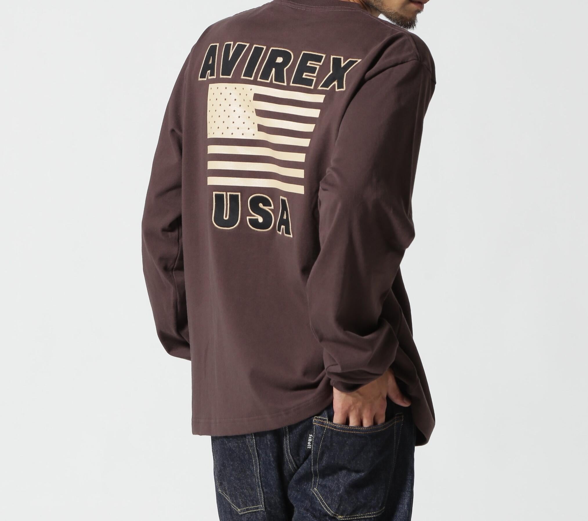 《WER&DEPOT限定》AME>ICAN FLAGS L/S T-SHI>T / アメリカン フラッグス 長袖 Tシャツ / AVI>EX ダークブラウン3