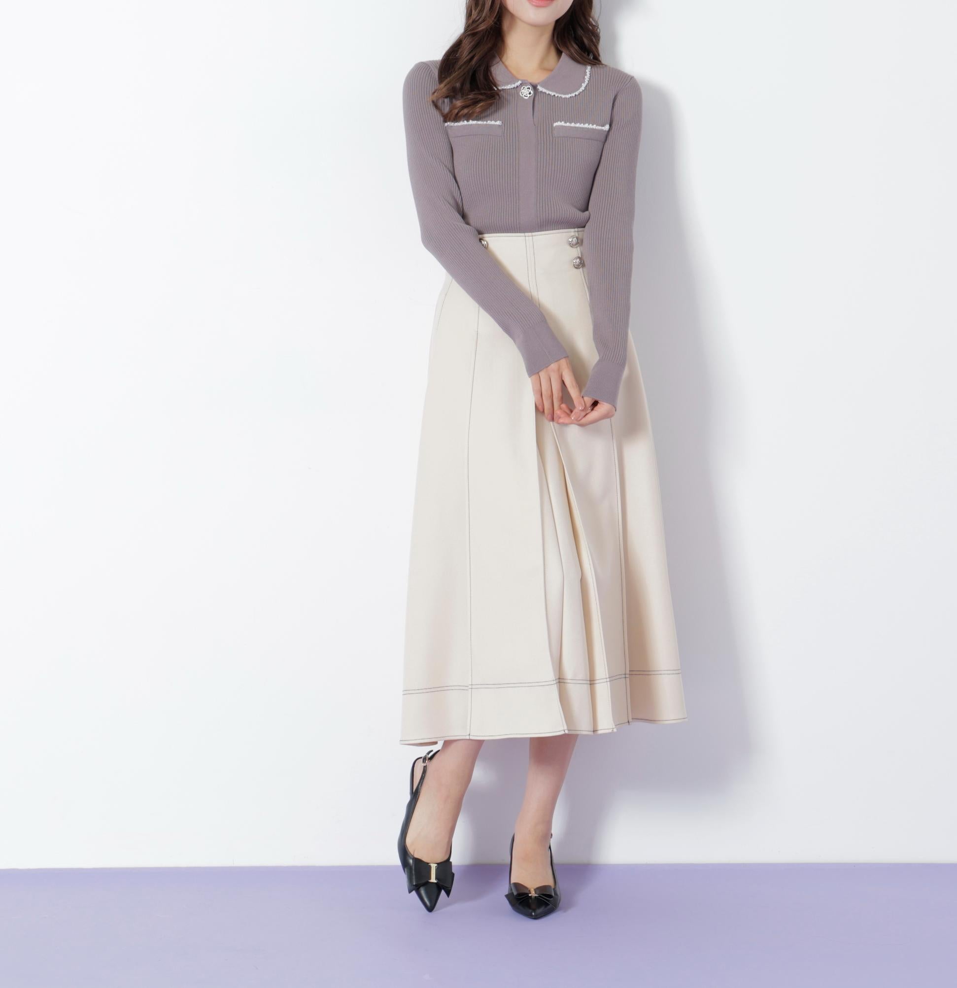 フロント釦配色ステッチスカート エクリュ