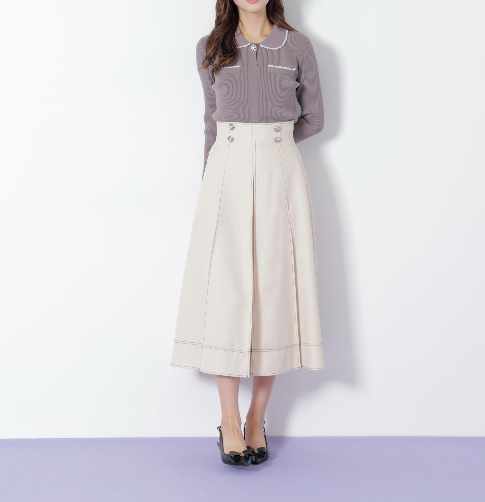 フロント釦配色ステッチスカート エクリュ