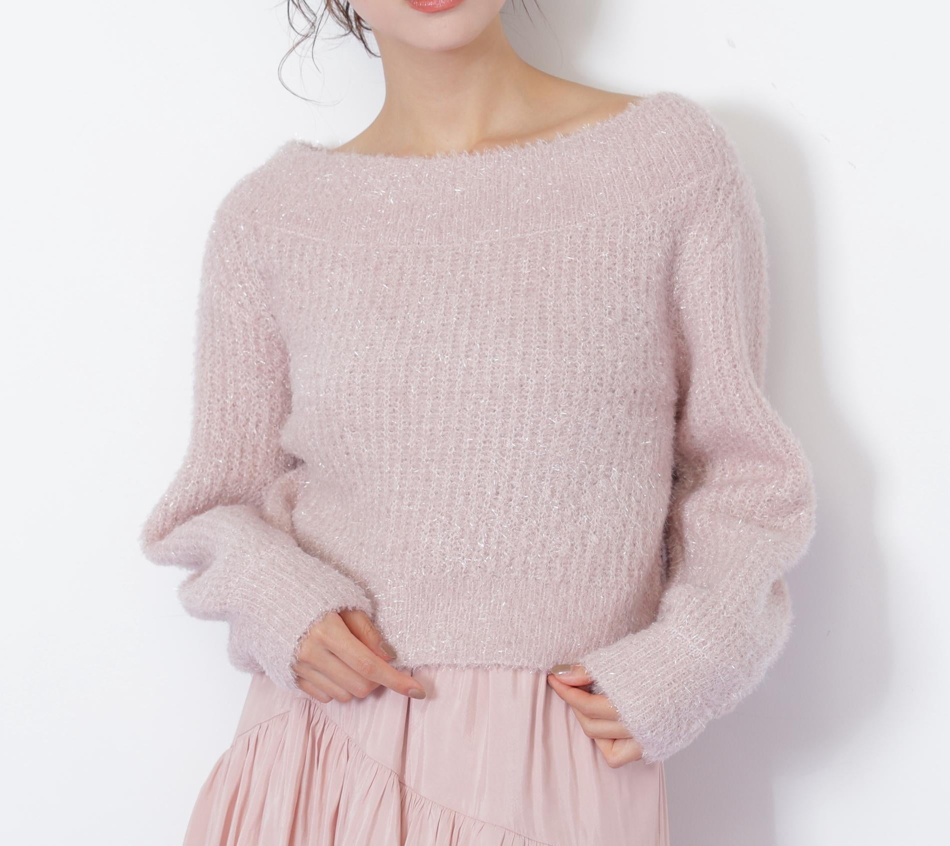 フィルムラメオフショルニット ピンク