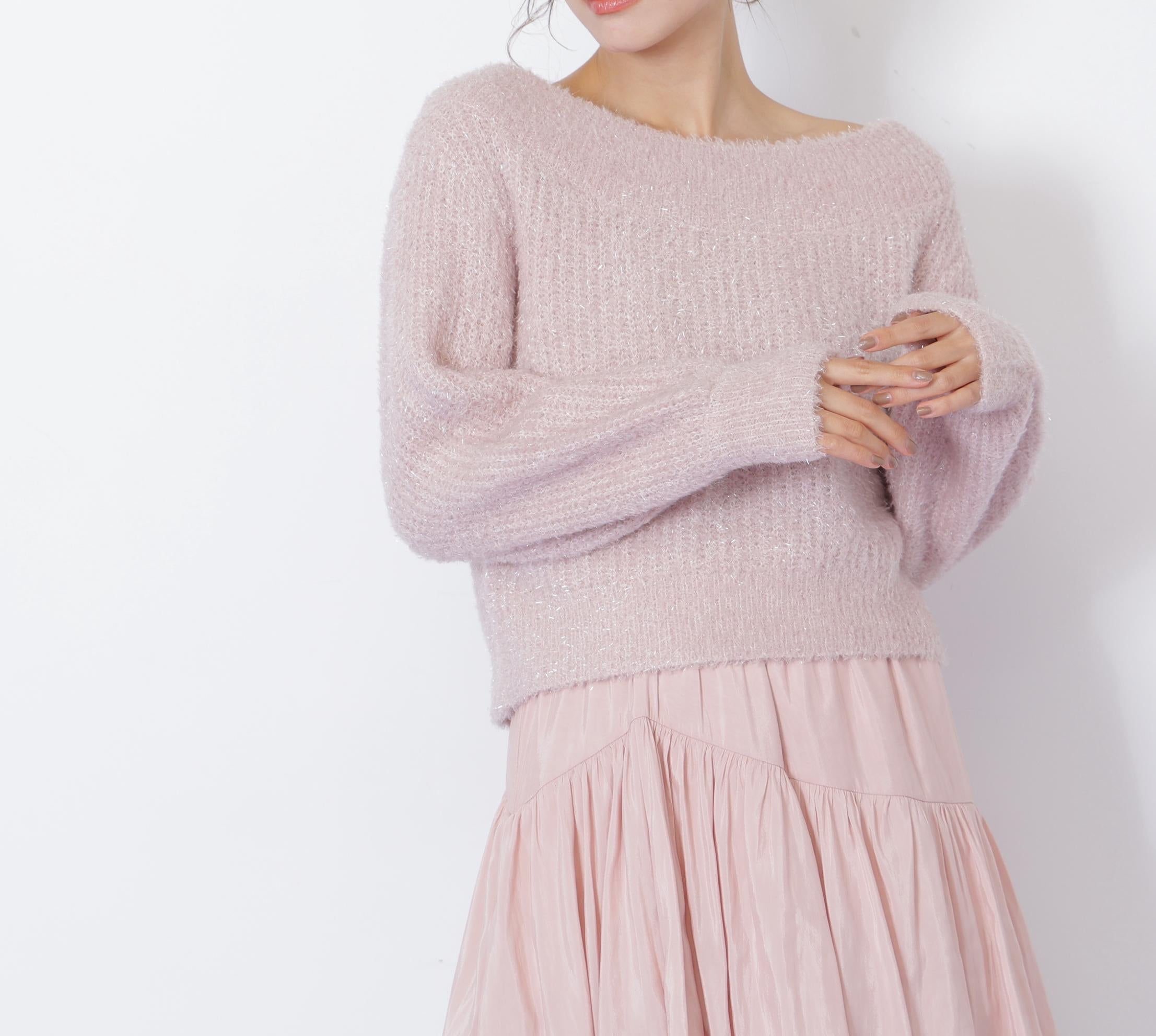 フィルムラメオフショルニット ピンク