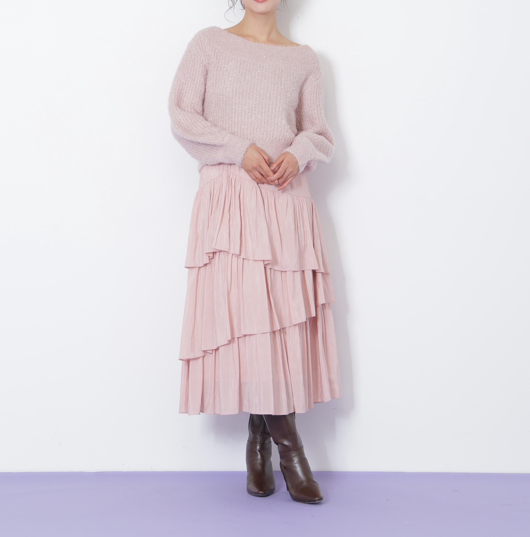 フィルムラメオフショルニット ピンク