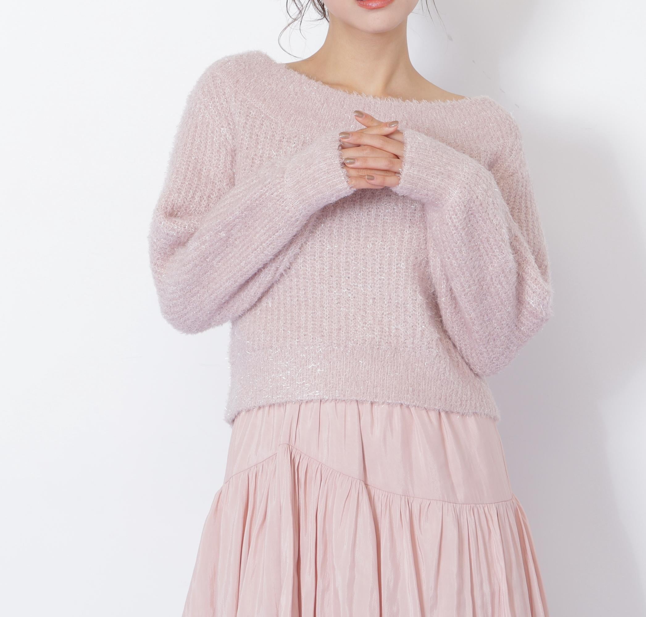 フィルムラメオフショルニット ピンク