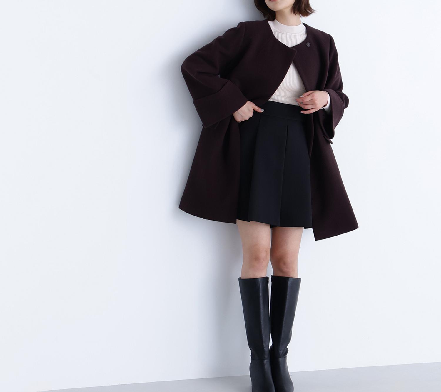 ノーカラーミドルコート ダークブラウン1