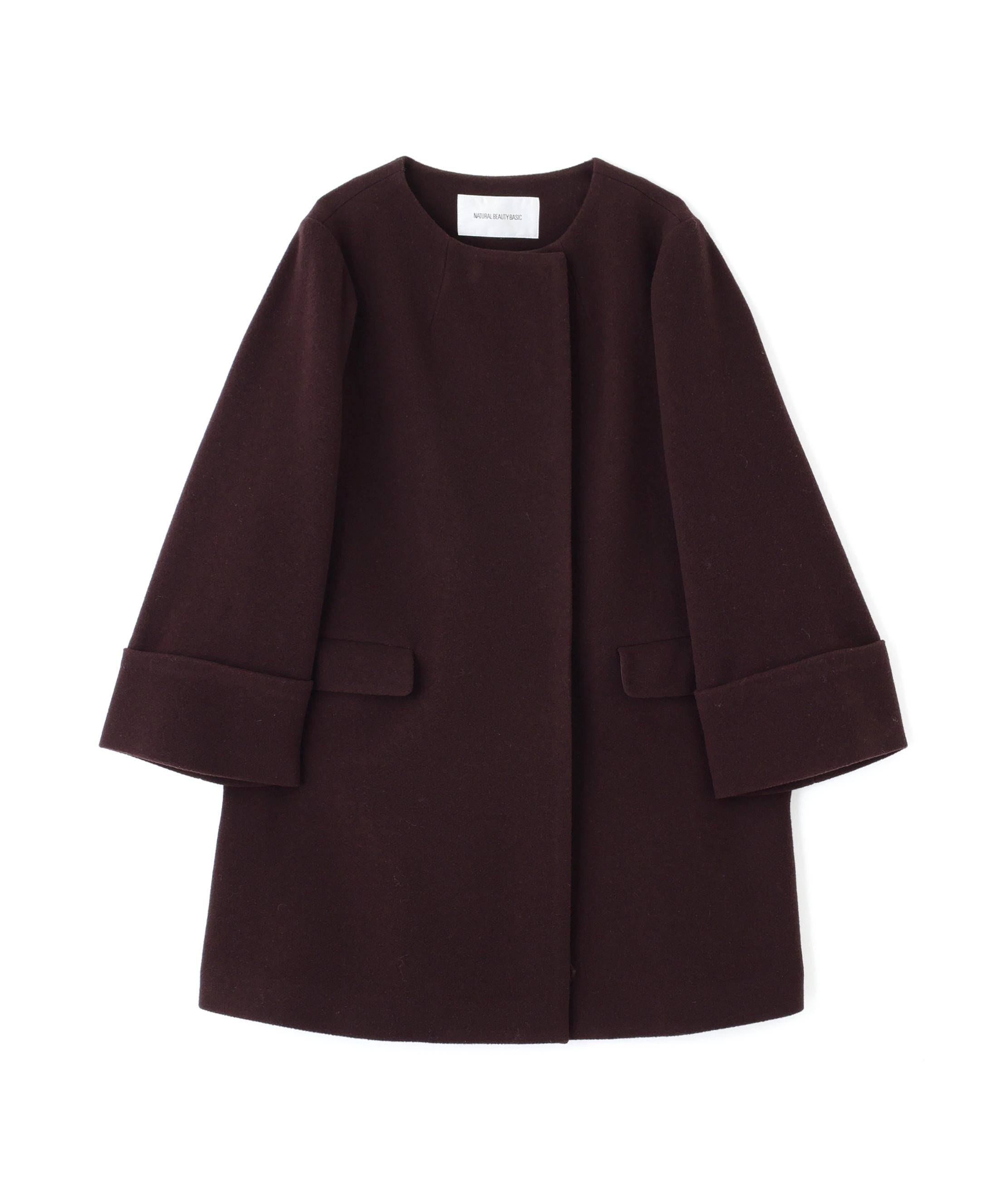 ノーカラーミドルコート ダークブラウン1