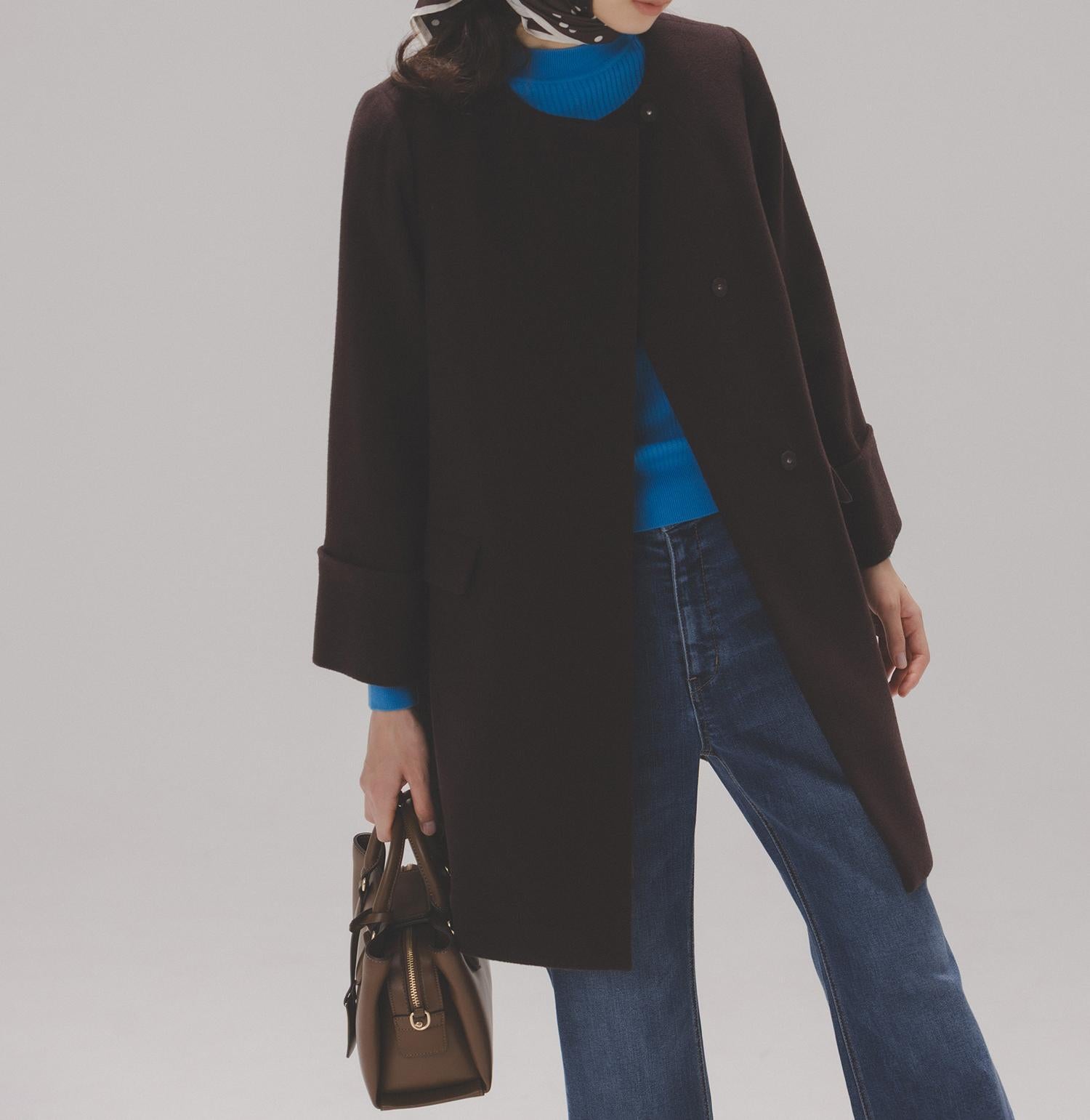 ノーカラーミドルコート ダークブラウン1