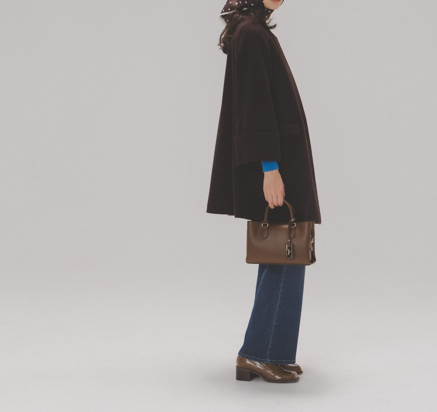 ノーカラーミドルコート ダークブラウン1