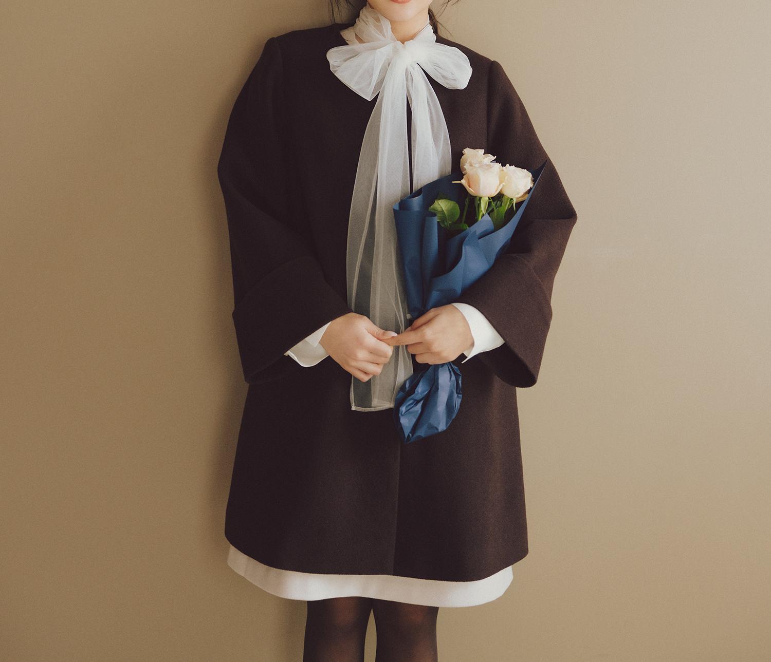 ノーカラーミドルコート ダークブラウン1