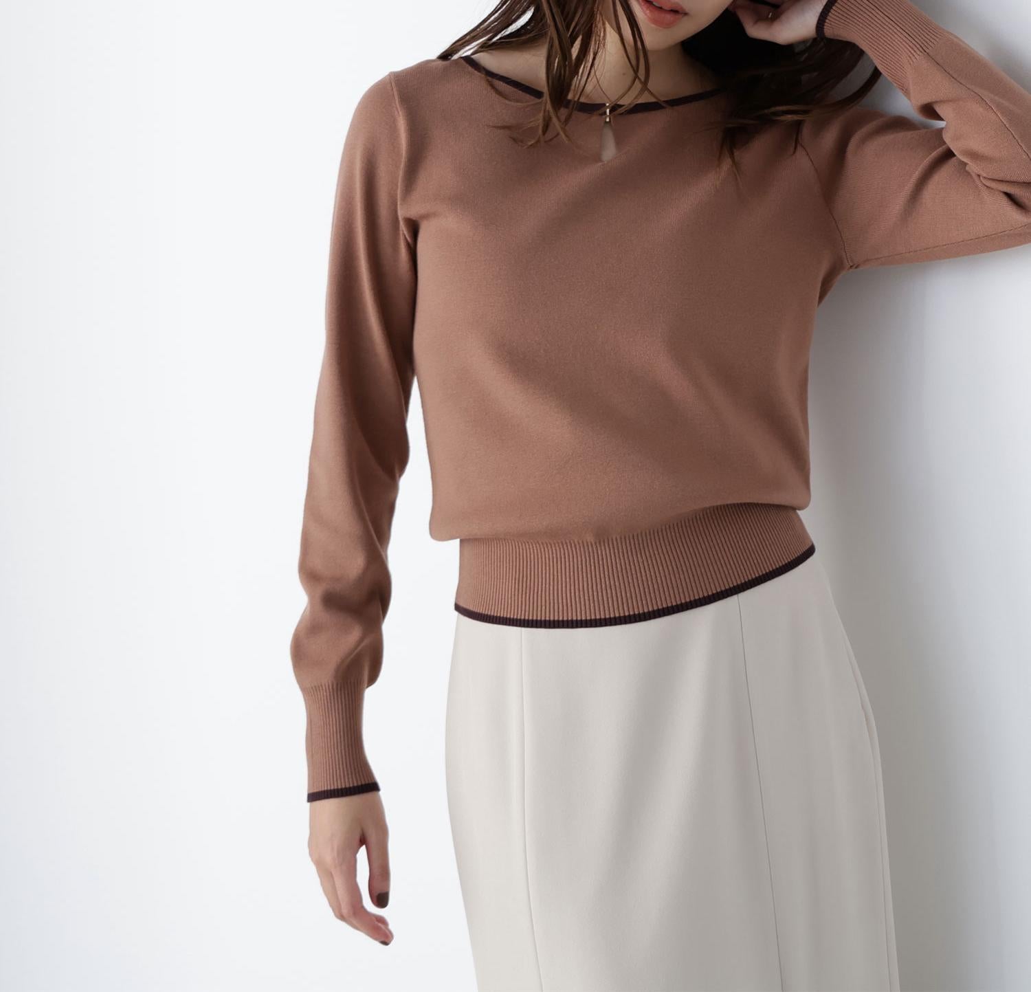 メタルポイントバイカラーニット ベージュ×ブラウン2